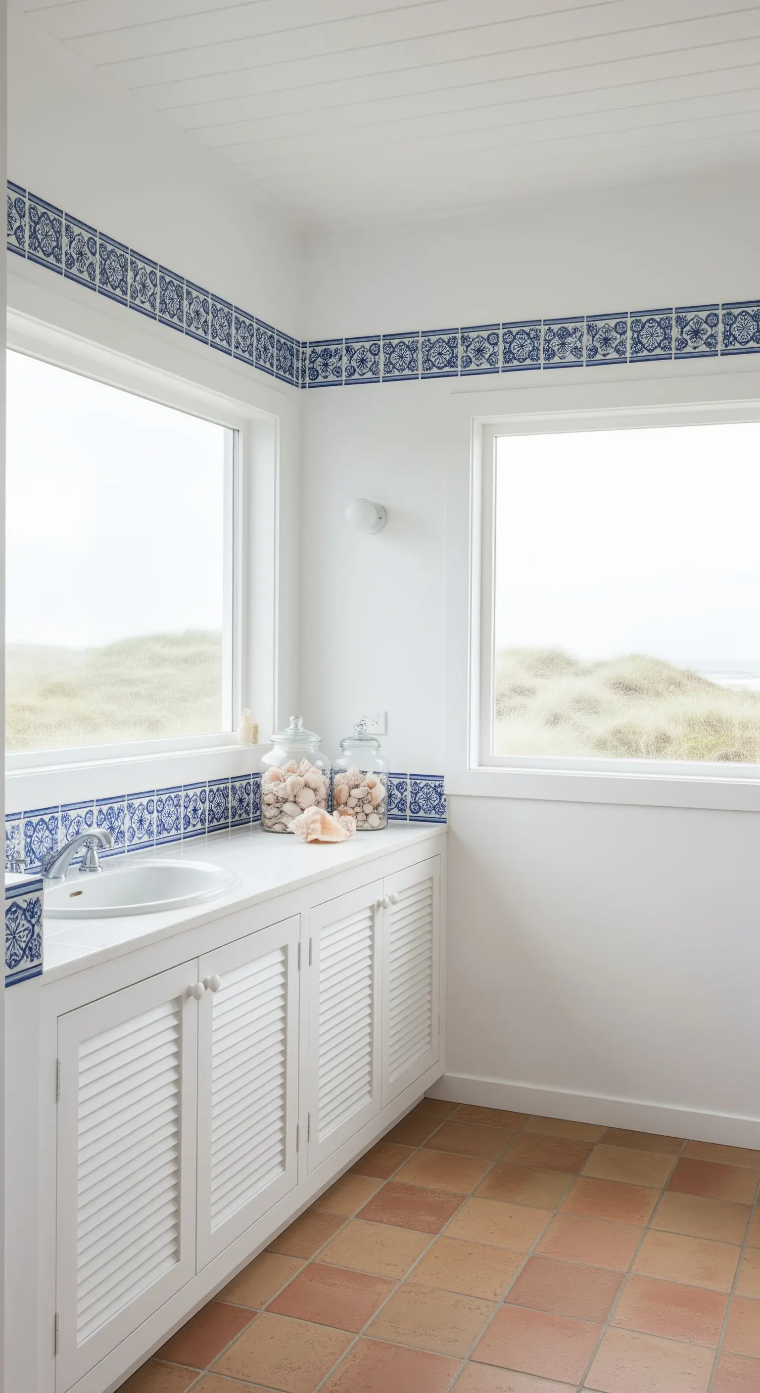 Bagno con bordo di maioliche blu lungo il perimetro superiore e mobile bianco a persiana.
