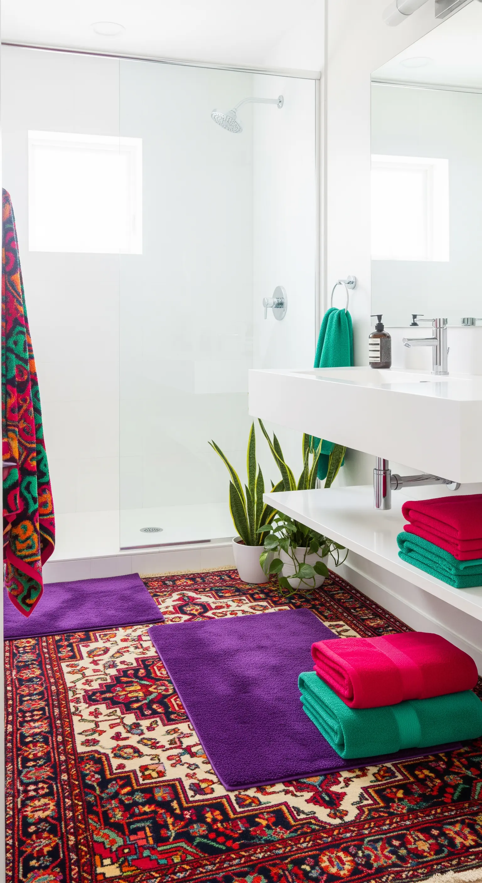 Bagno bianco e minimalista con un tappeto persiano e asciugamani colorati in viola, rosso e verde.
