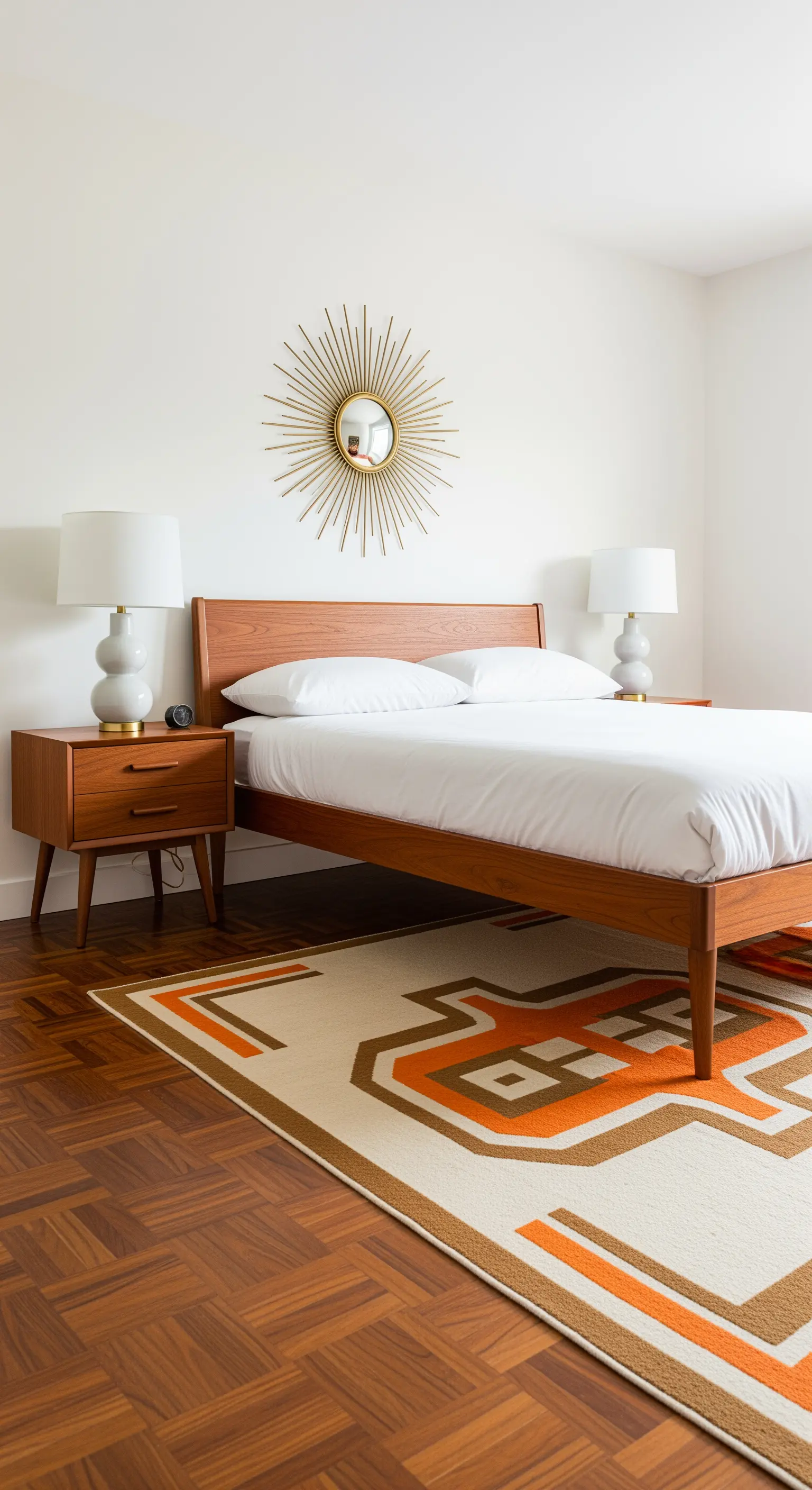 Camera Mid-Century Modern con tappeto a motivi geometrici arancioni e marroni