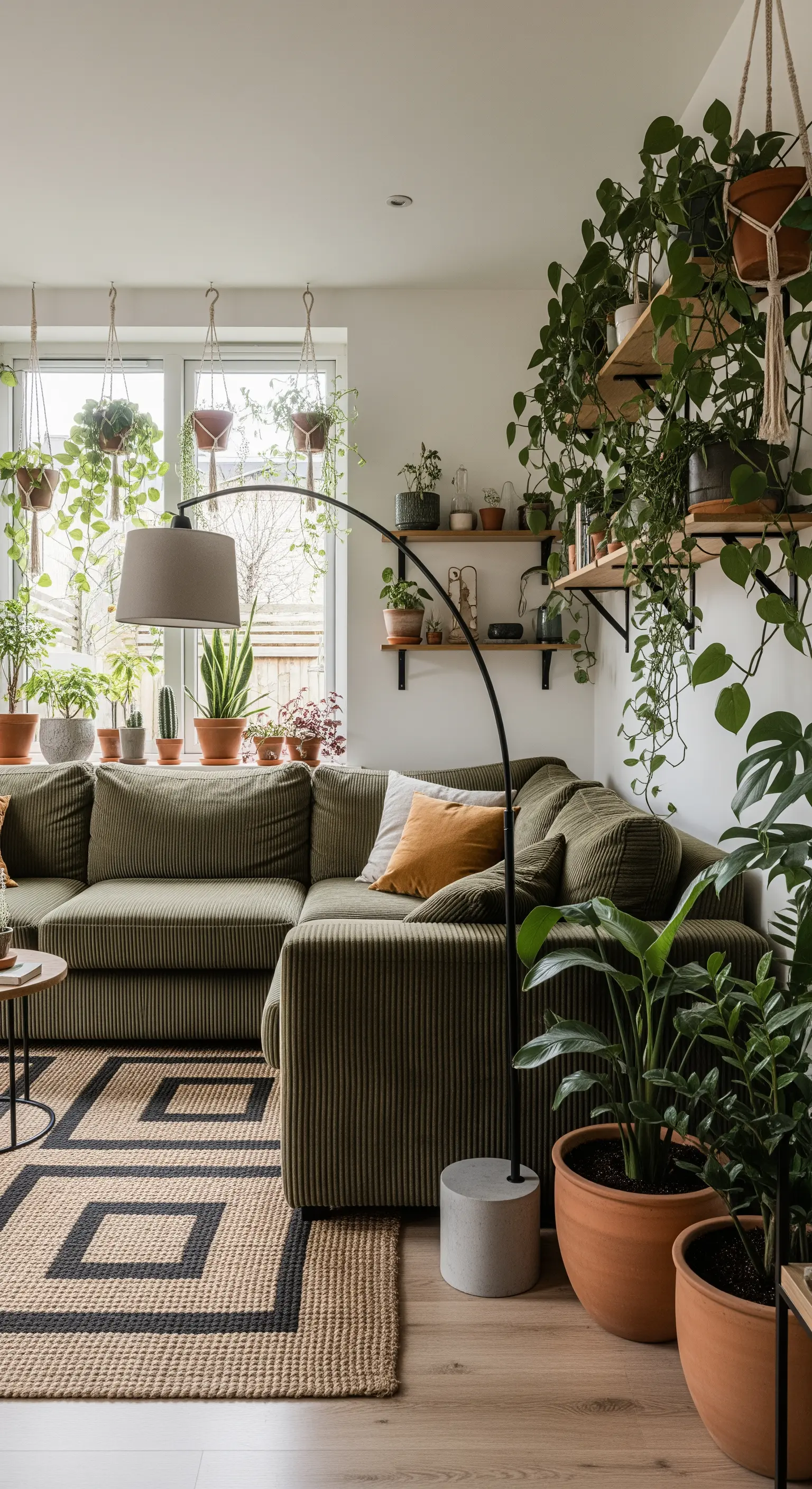 Salotto urban jungle con divano verde a coste, tappeto geometrico e numerose piante sospese.