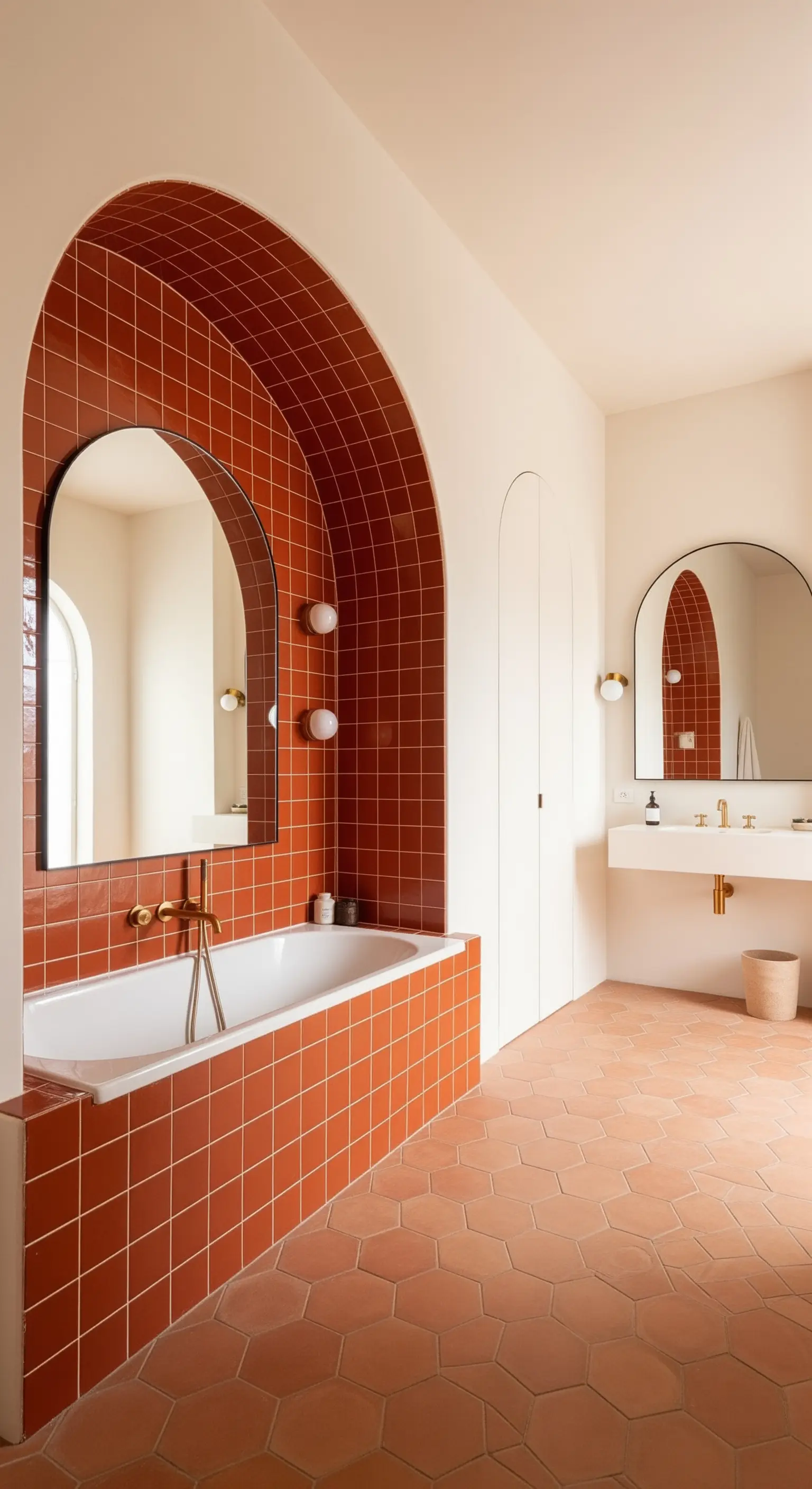 Zona vasca inserita in una nicchia ad arco rivestita di piastrelle terracotta.