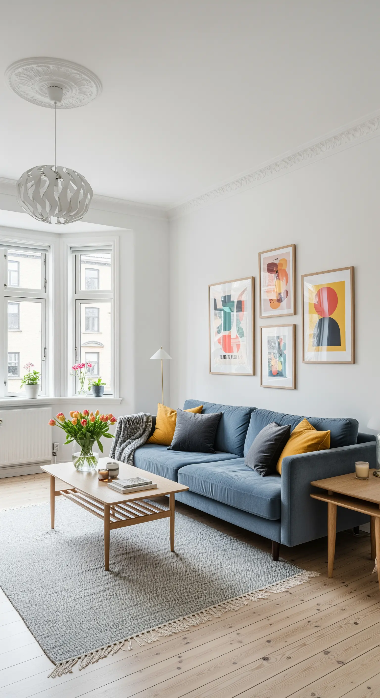 Divano blu con cuscini gialli sotto una galleria di stampe astratte e colorate.