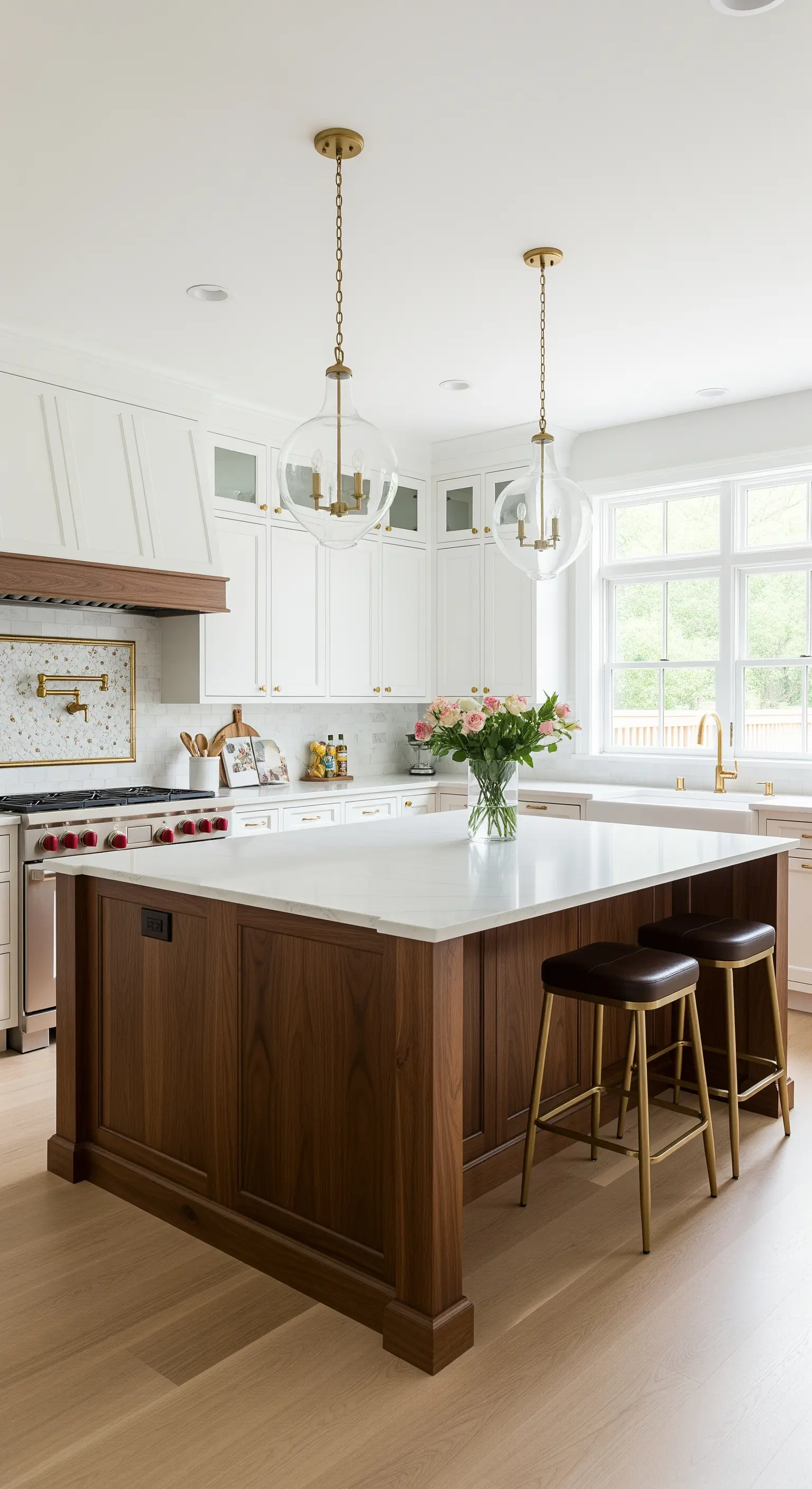 Cucina bianca e luminosa con una grande isola centrale in legno di noce scuro.