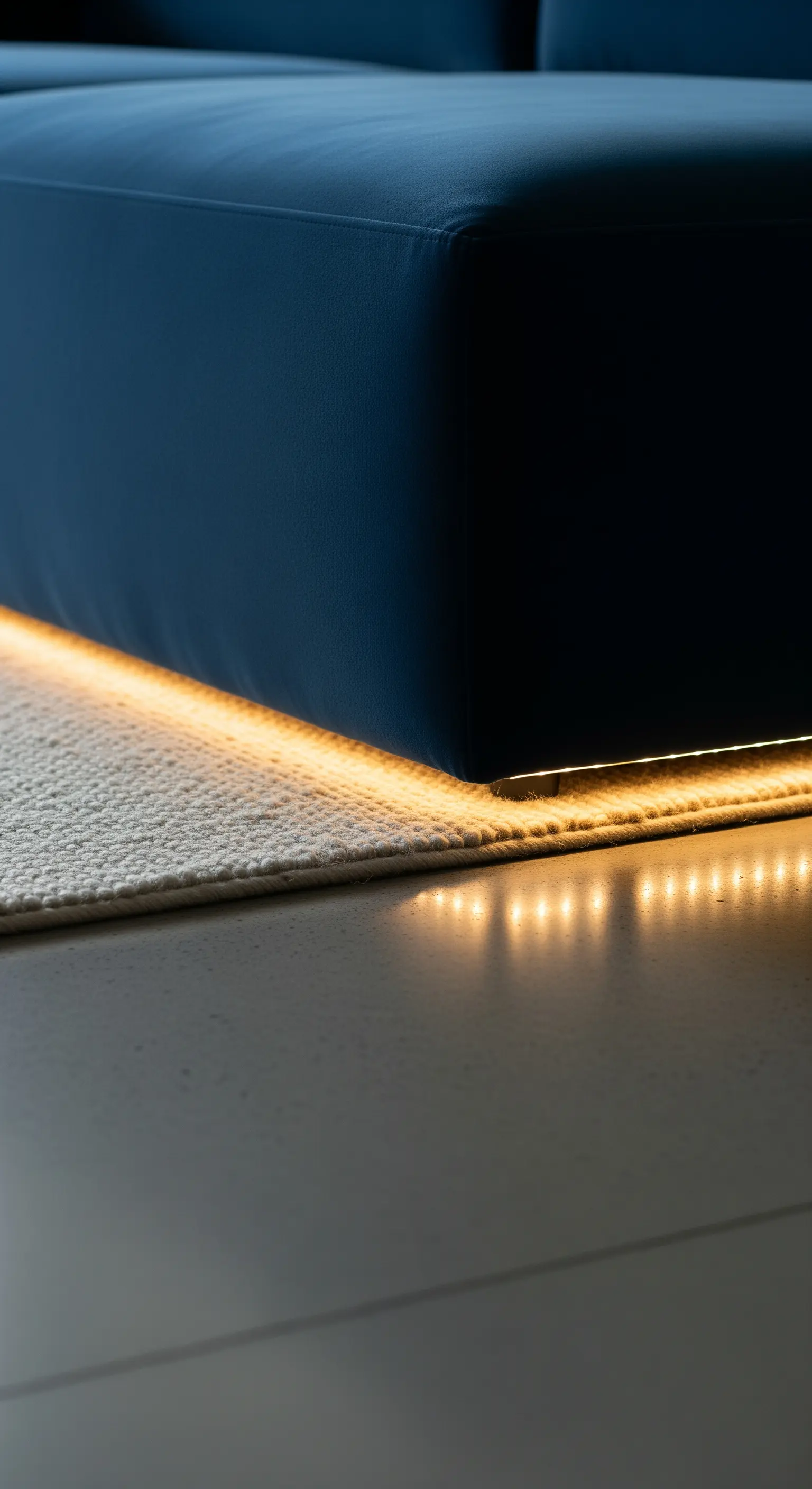 Dettaglio di una striscia LED calda sotto un divano blu appoggiato su un tappeto chiaro