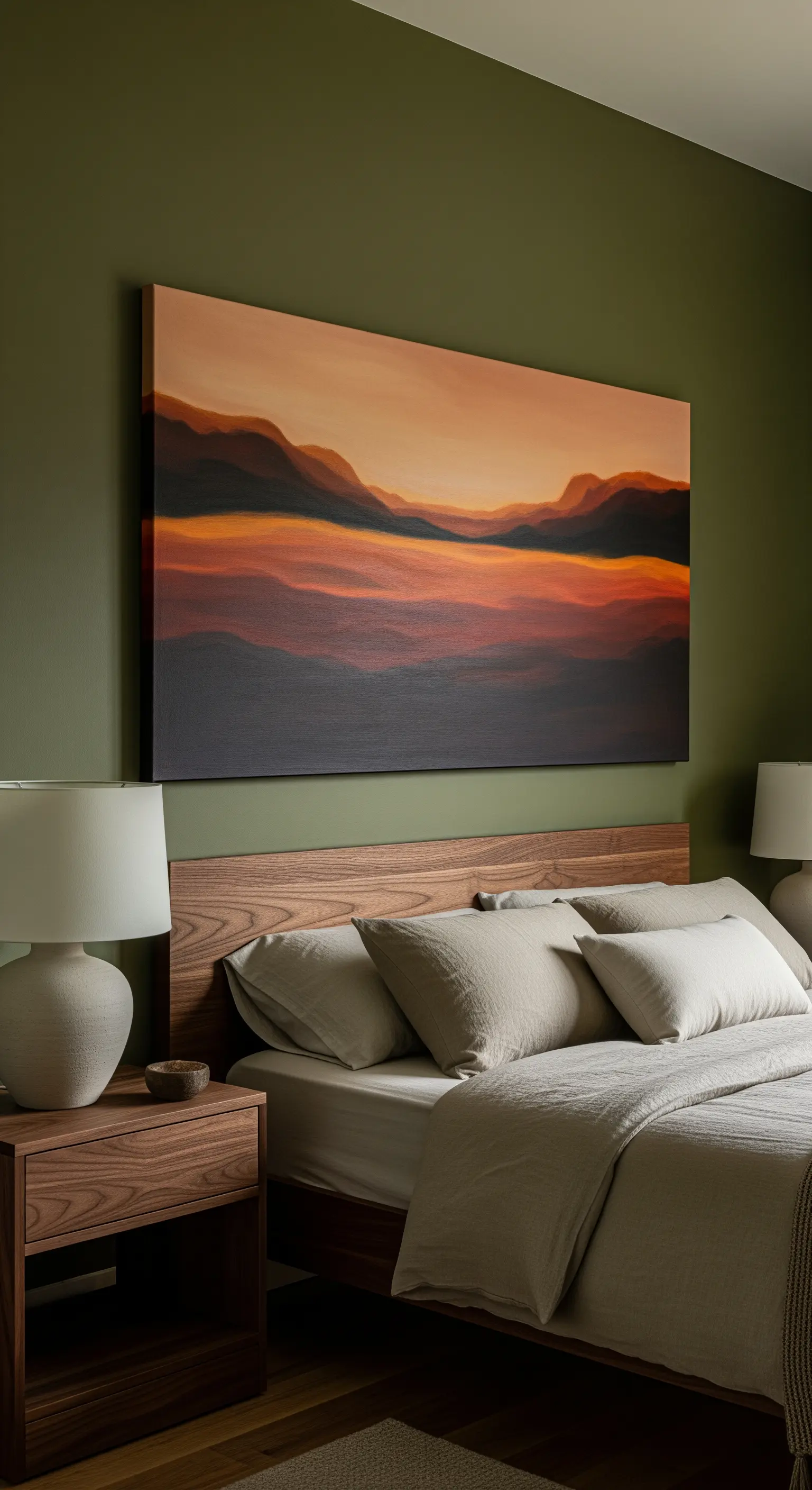 Quadro astratto con un paesaggio dai toni caldi appeso a una parete verde salvia scuro.