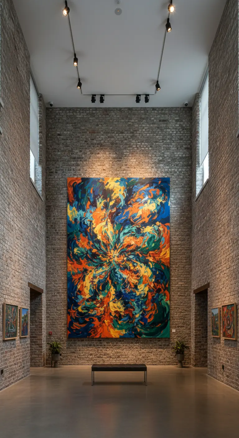 Grande opera d'arte astratta appesa a una parete di mattoni in un ampio ingresso.
