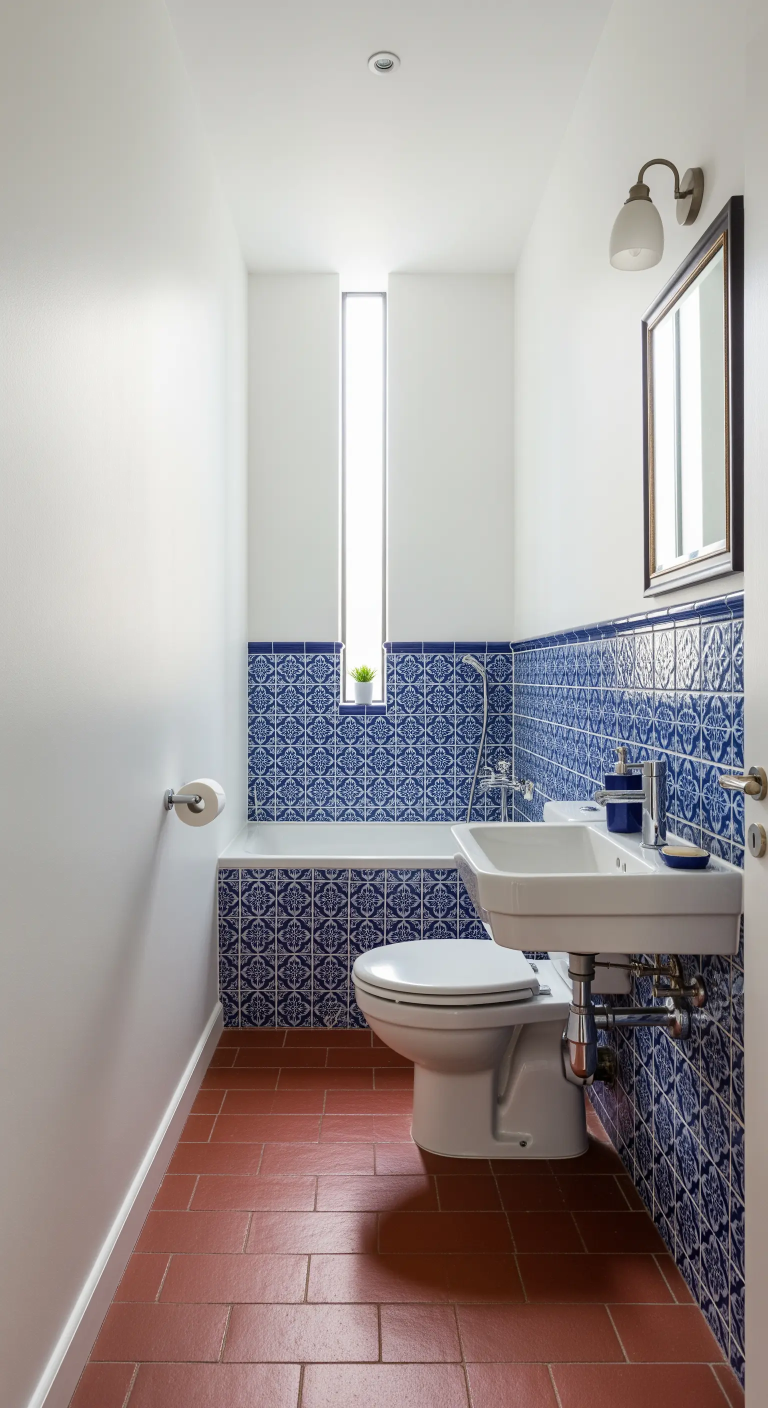 Bagno stretto con rivestimento in maioliche blu fino a mezza altezza e pavimento in cotto.