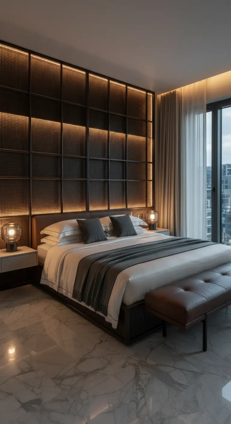 Parete dietro al letto con una griglia scura e pannelli in rattan retroilluminati.