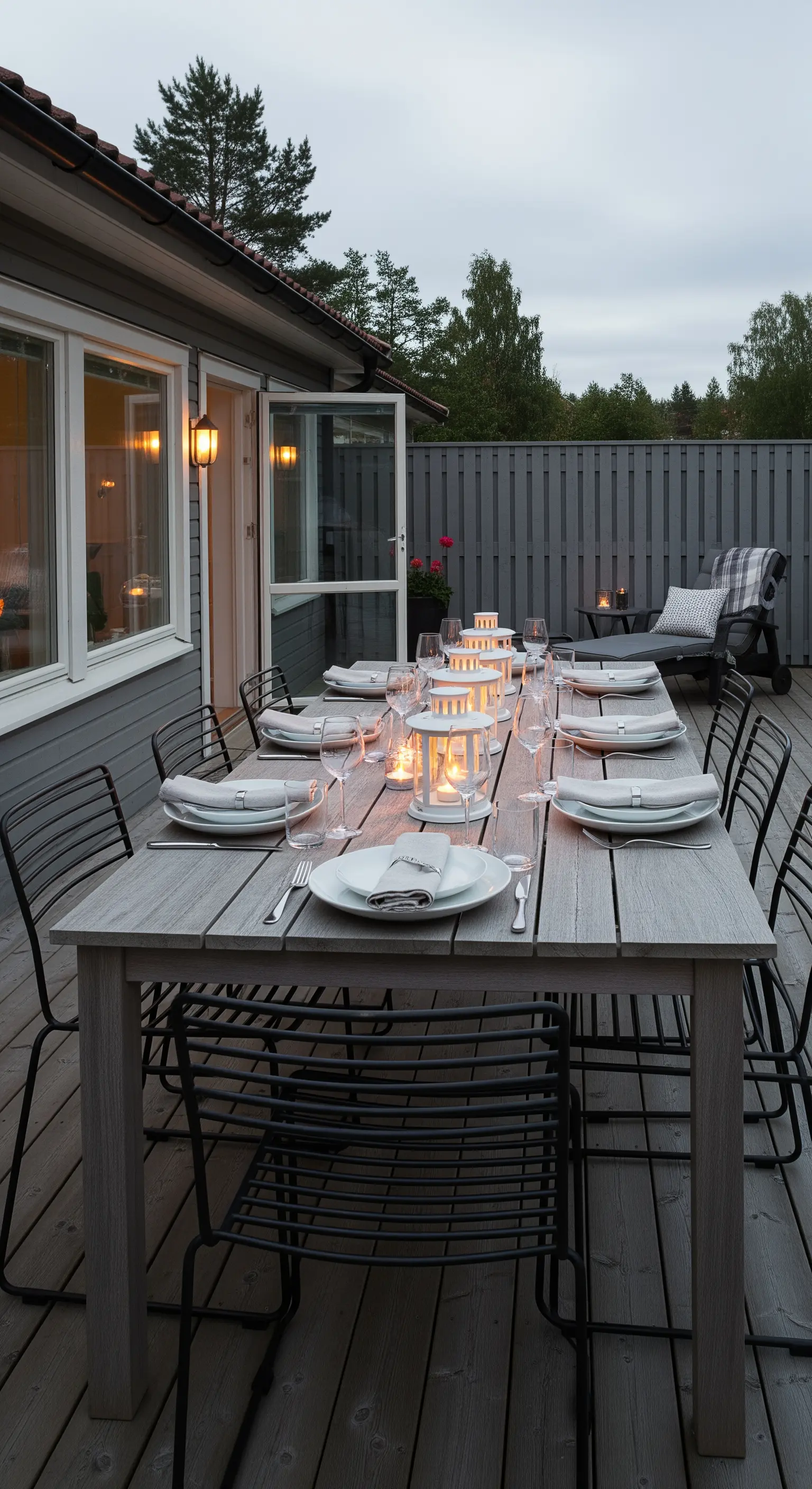 Tavolo da pranzo all'aperto apparecchiato con una fila di lanterne bianche come centrotavola.