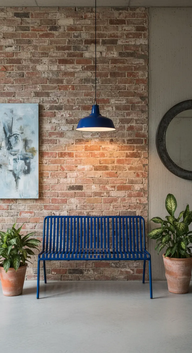 Panca e lampada blu brillante contro una parete di mattoni rossi.