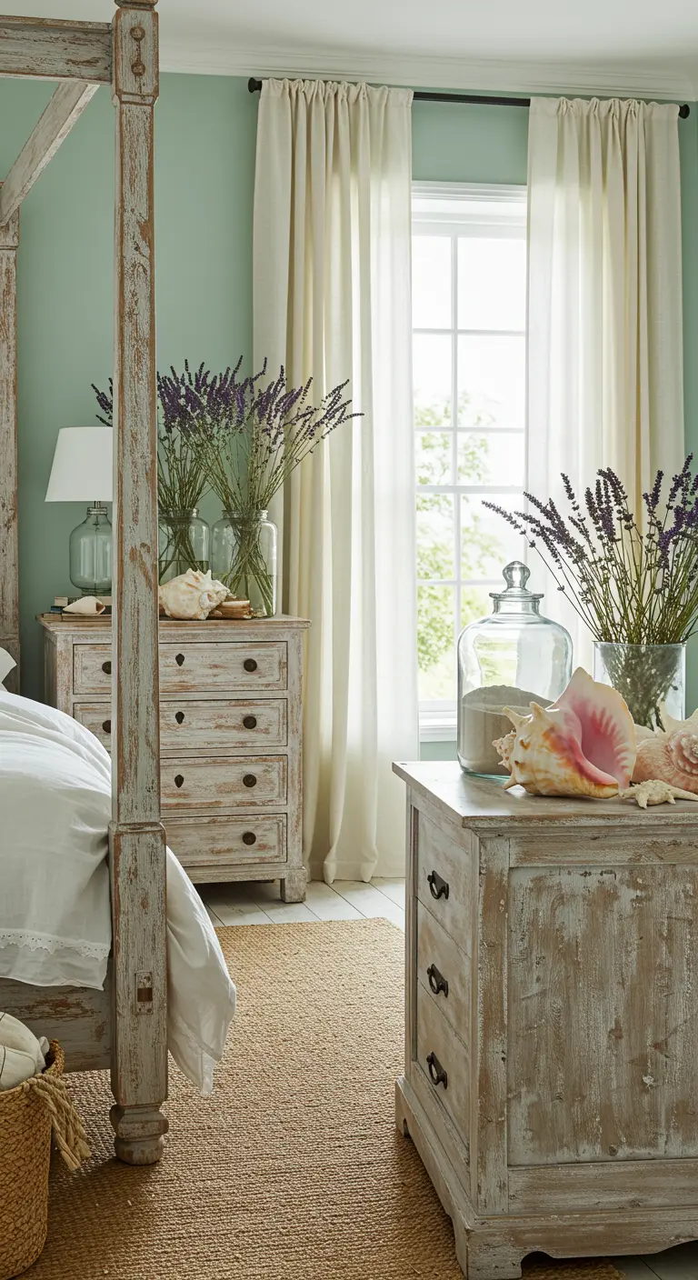 Camera da letto color salvia con letto a baldacchino e comò decapati e mazzi di lavanda.