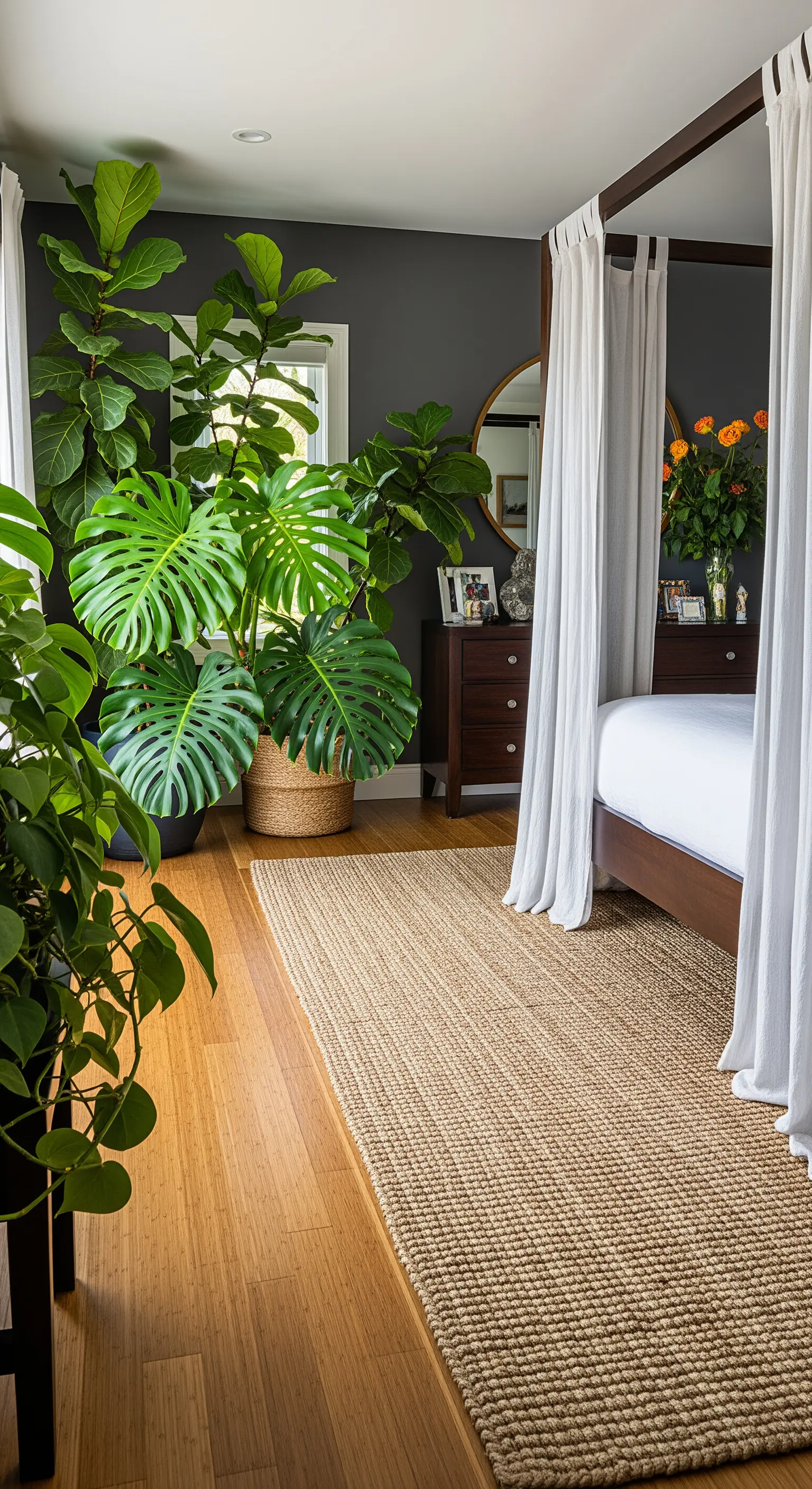 Letto a baldacchino in una camera piena di piante con un runner in iuta sul pavimento in legno