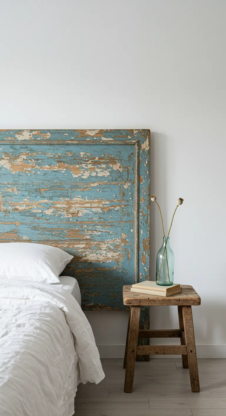 Testiera realizzata con una vecchia anta in legno blu scrostato in una camera minimalista.