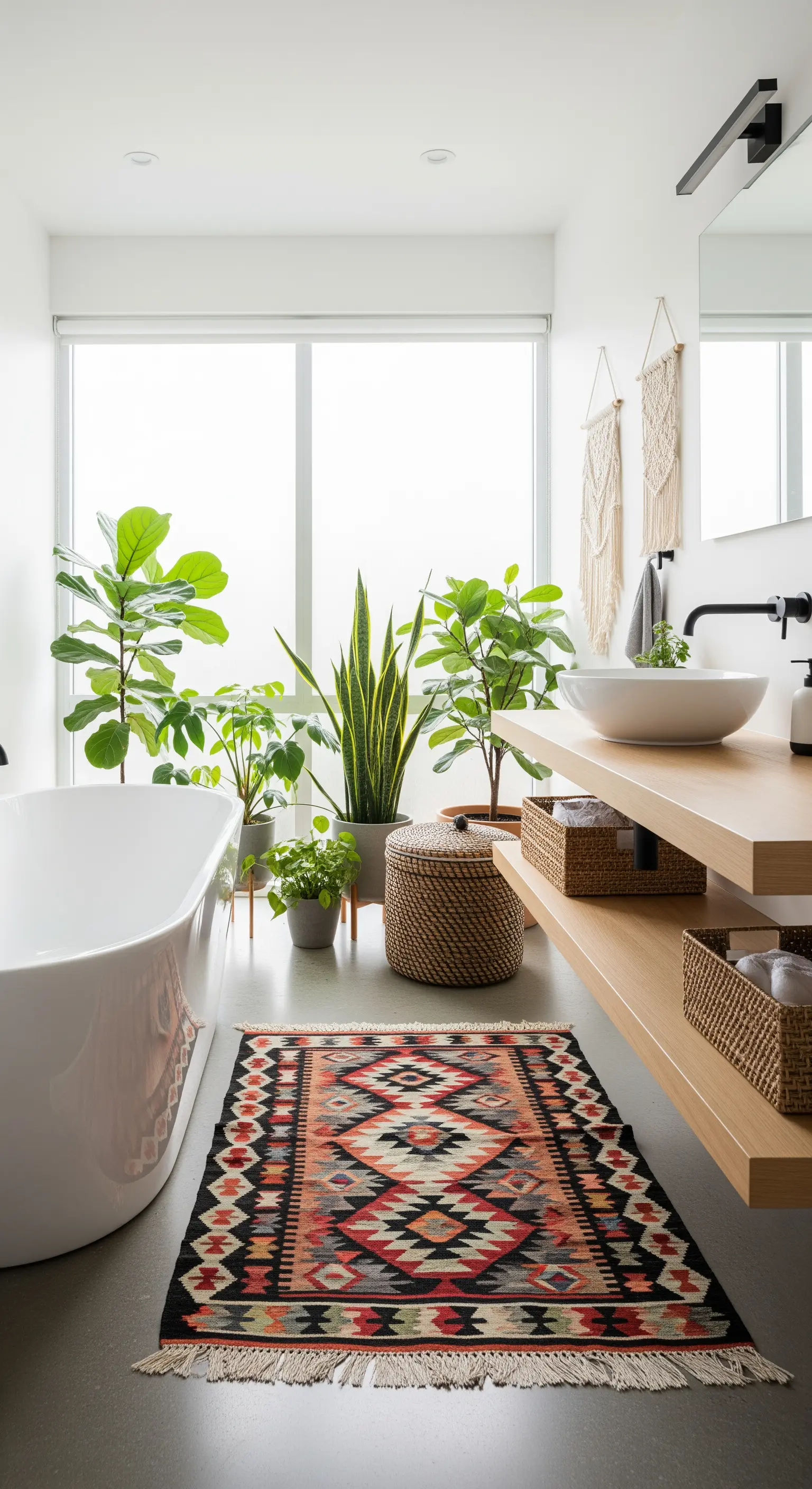 Bagno luminoso con tappeto kilim geometrico, vasca freestanding e molte piante verdi vicino alla finestra.