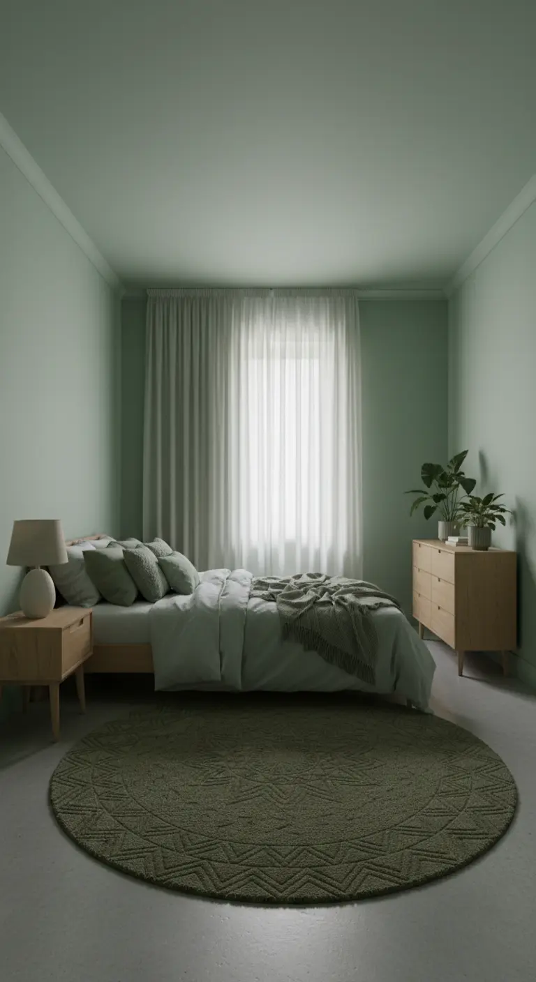 Camera da letto interamente dipinta di verde salvia, con arredi in legno chiaro e un tappeto rotondo.