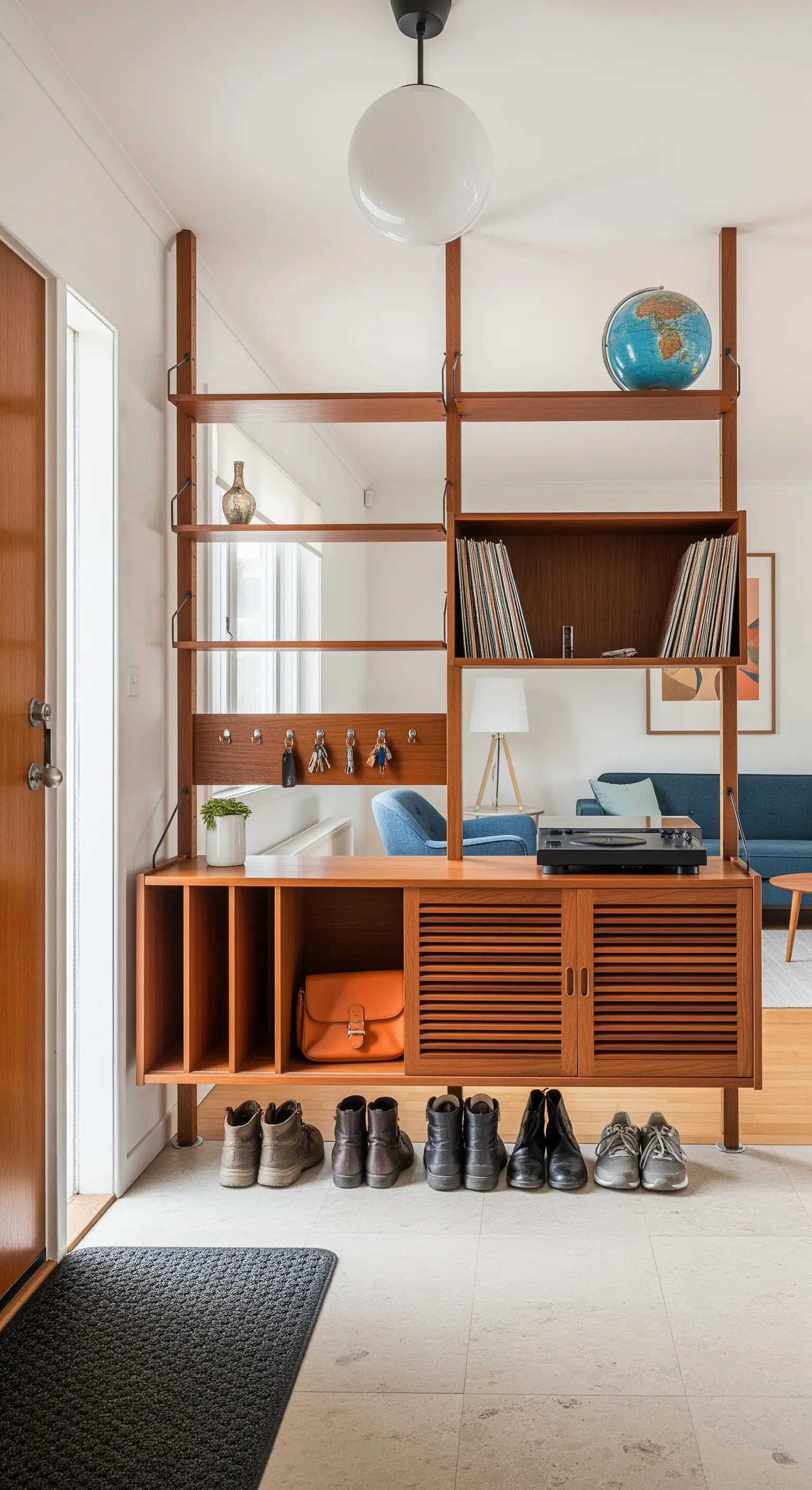 Libreria divisoria in stile Mid-Century in teak, che separa l'ingresso dal soggiorno.