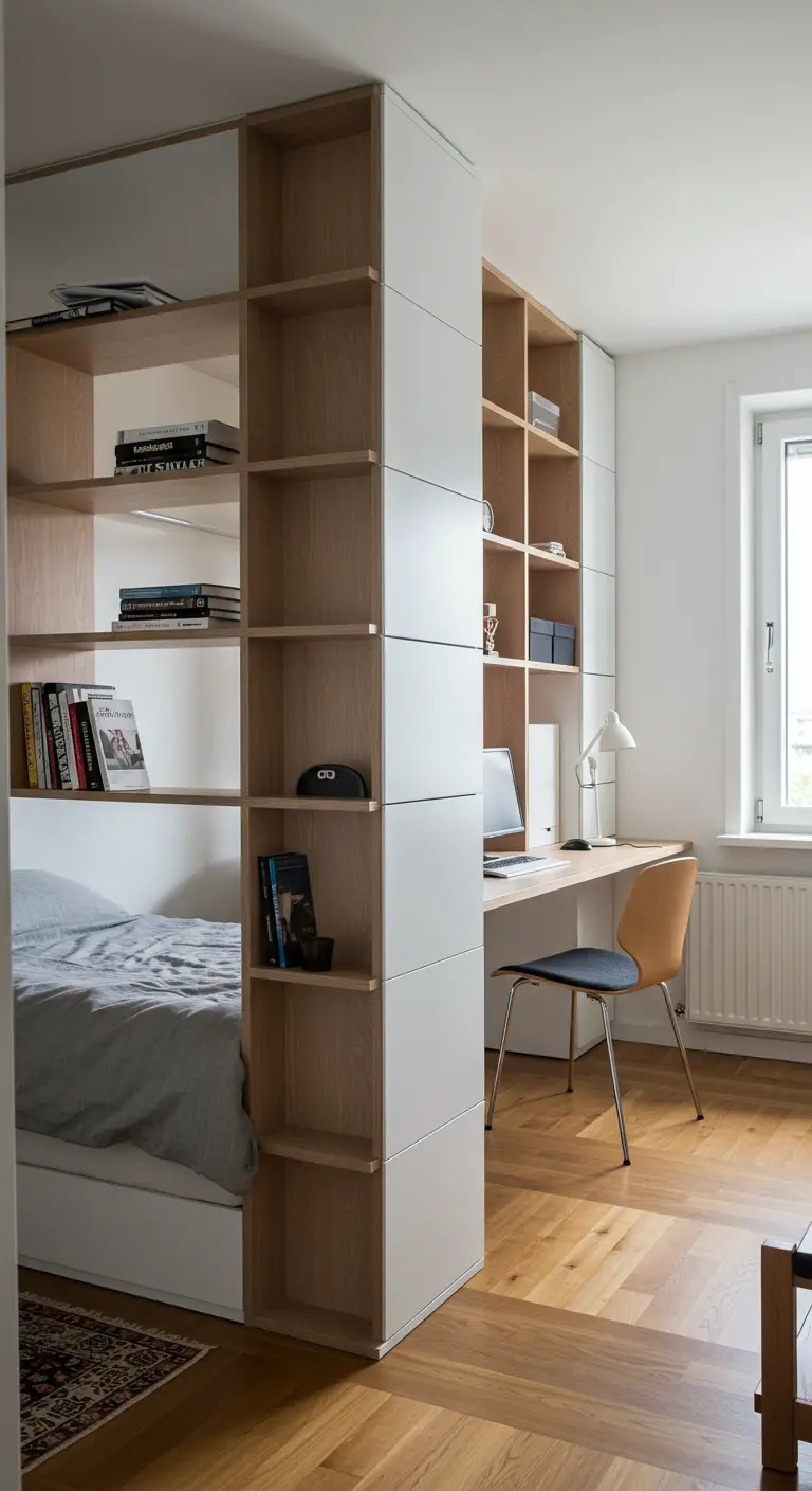 Libreria divisoria in legno e bianco che separa il letto da una piccola zona scrivania.