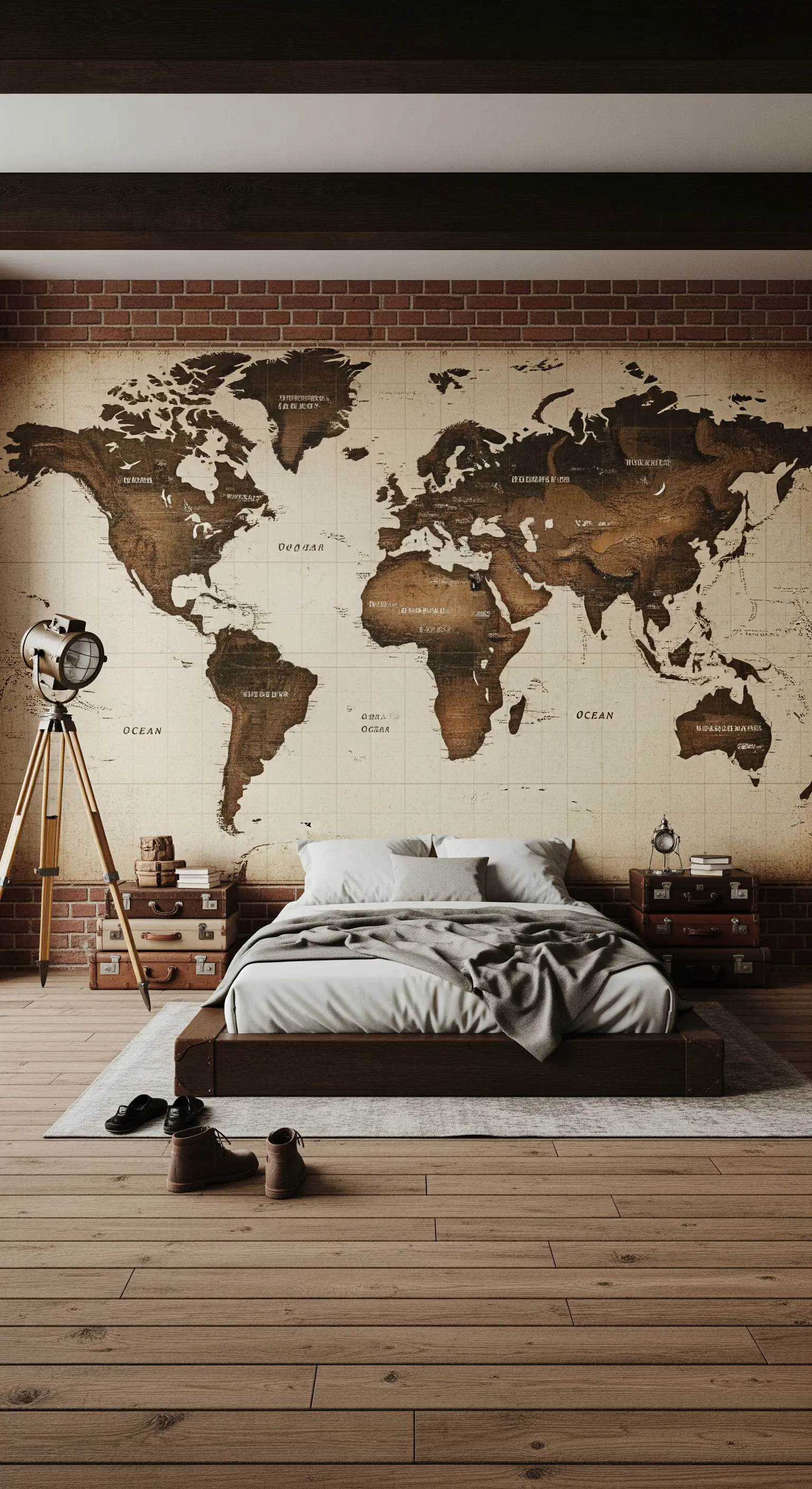 Parete di mattoni coperta da una grande mappa del mondo vintage dietro al letto.