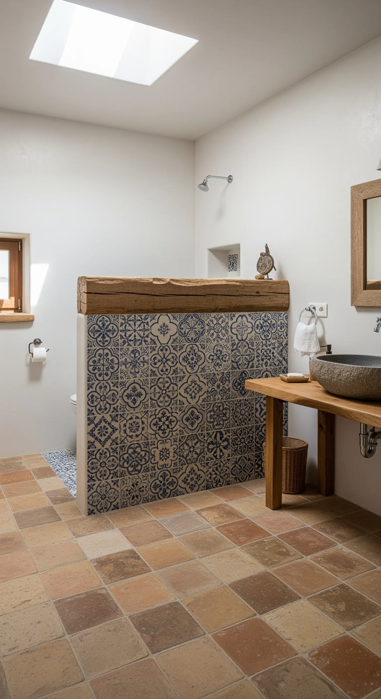 Bagno rustico con muretto basso in maioliche blu e lavabo in pietra.