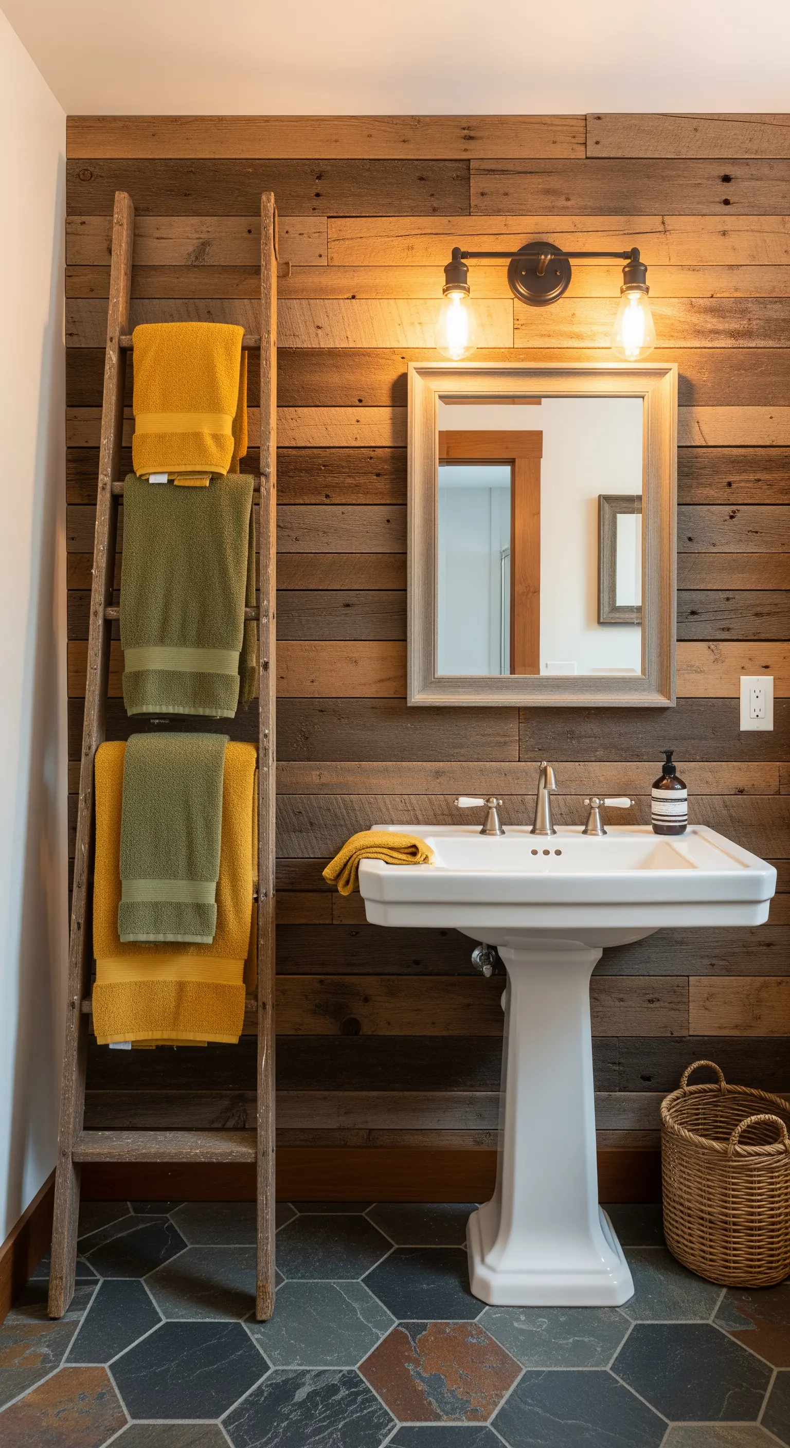 Parete in legno di recupero con scala a pioli usata per appendere asciugamani senape e verde oliva.