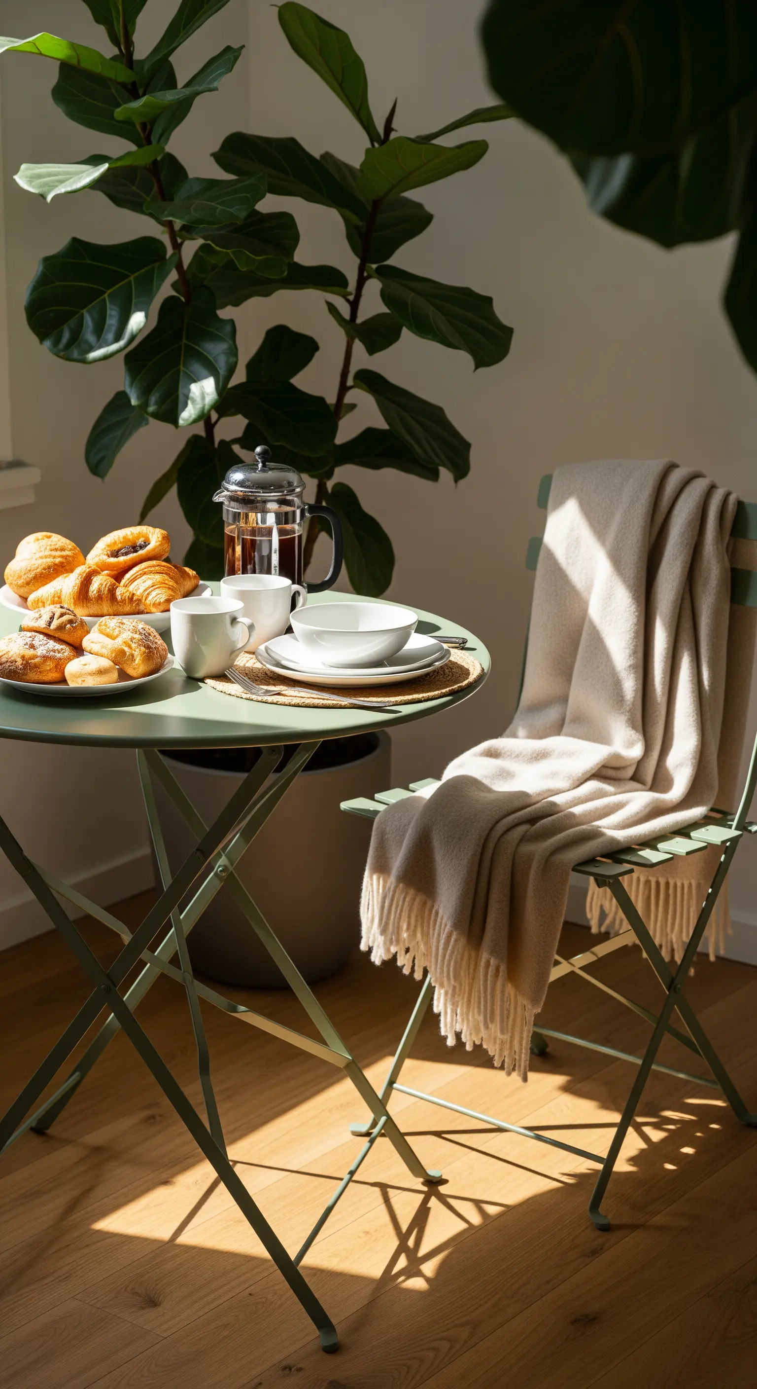 Tavolino verde con croissant e una sedia pieghevole con coperta beige in un angolo soleggiato della casa.