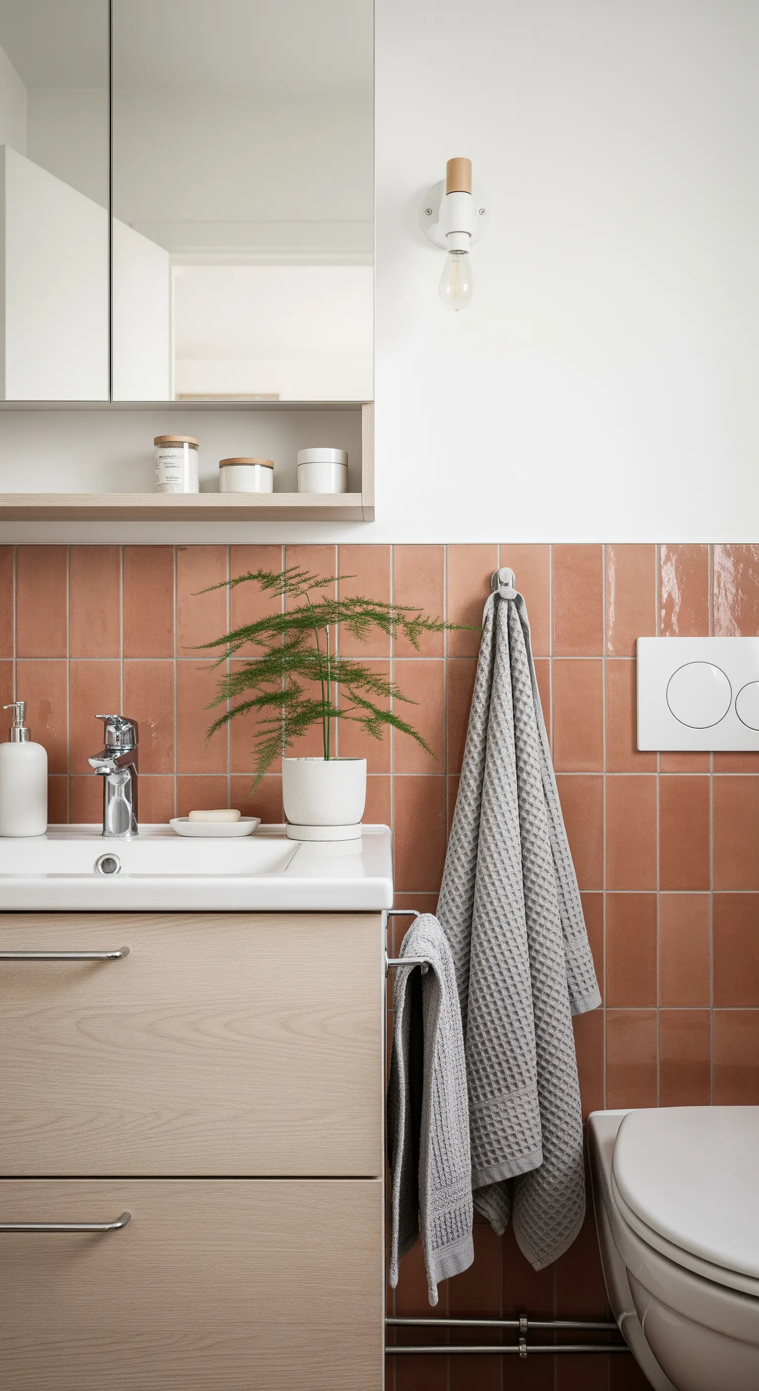 Bagno con piastrelle terracotta quadrate a mezza altezza e mobile in legno chiaro.