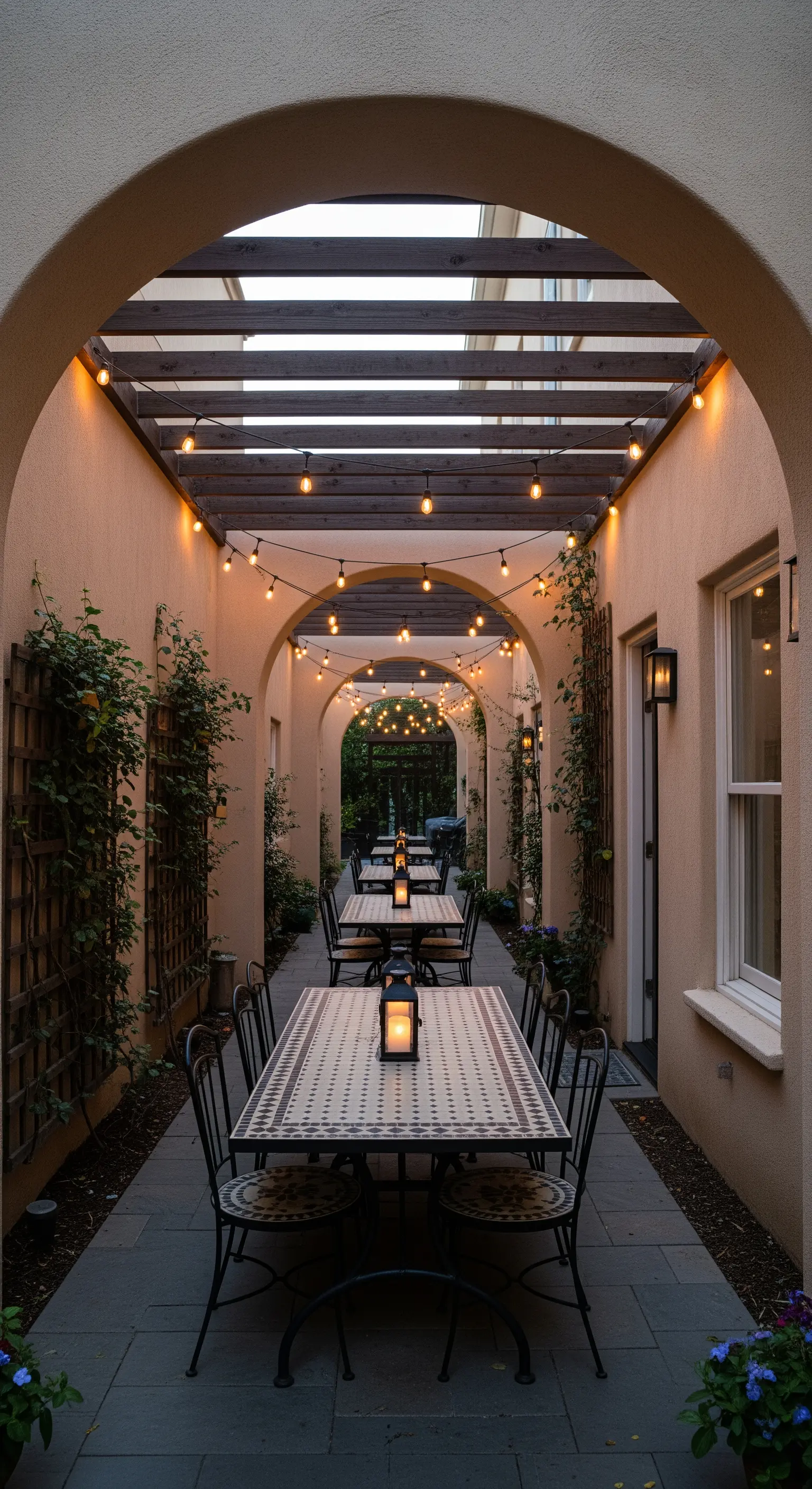 Corridoio esterno con archi, tavoli in fila e catene luminose che creano un effetto prospettico