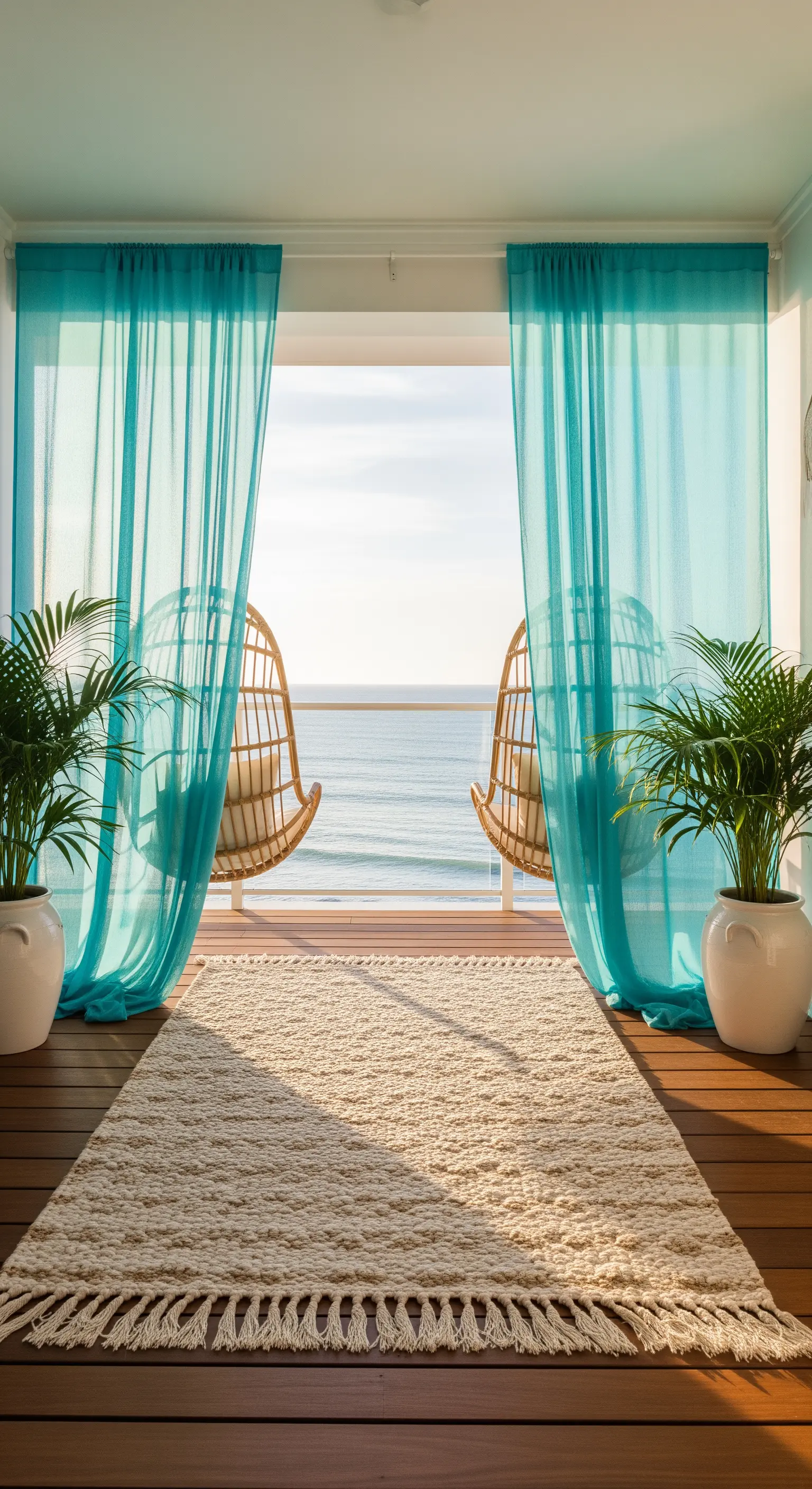 Veranda con tende turchesi che si aprono sul mare, tappeto in iuta e poltrone sospese.