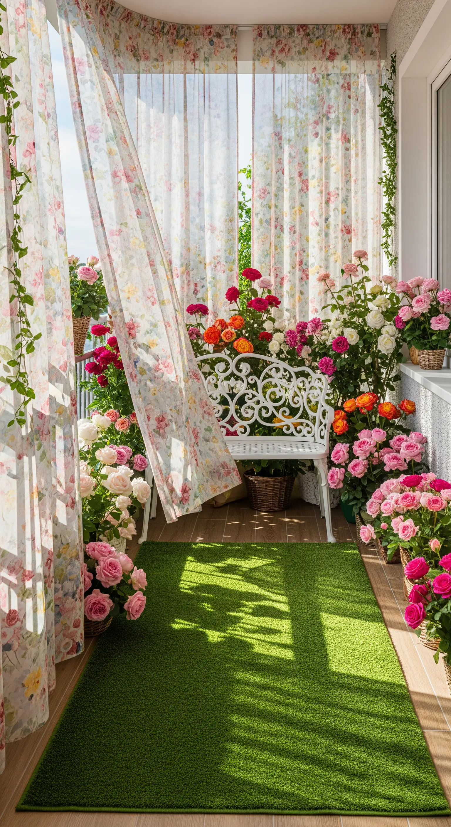 Balcone fiorito con panchina bianca, tende a fiori e un tappeto verde brillante tipo prato.