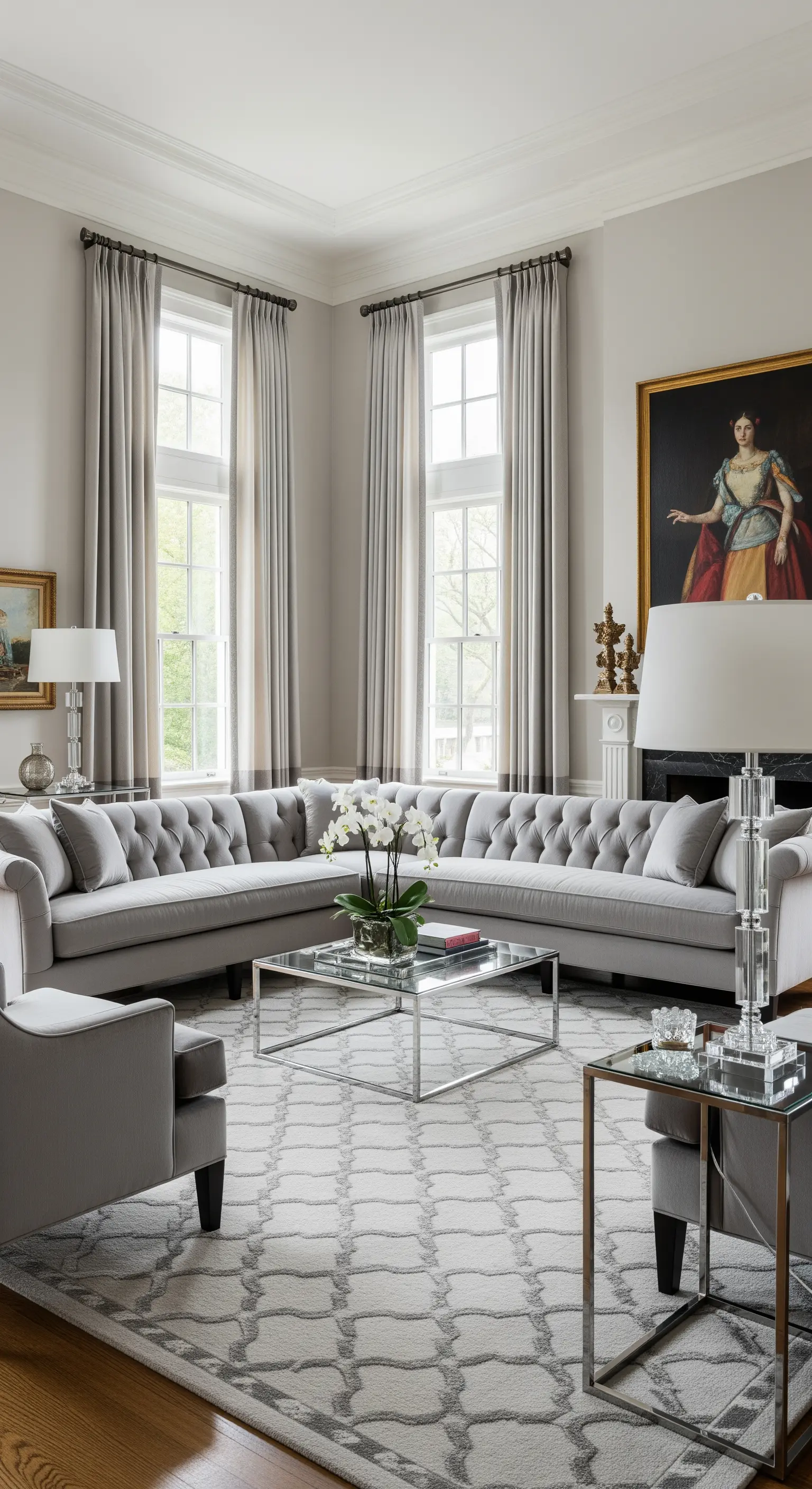 Salotto formale con grande divano a U grigio tufted, tavolino in vetro e layout simmetrico.