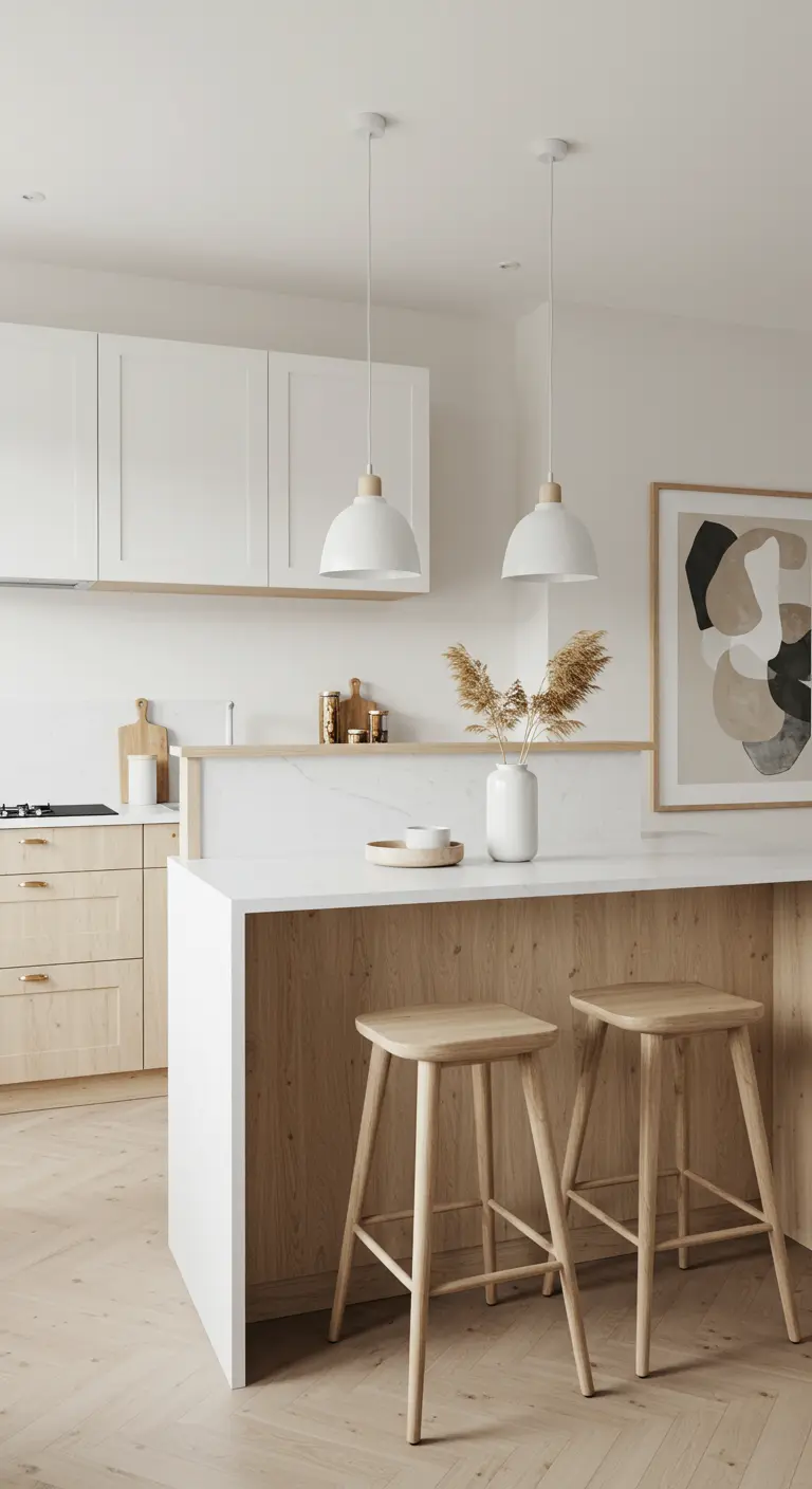 Cucina bianca e legno con un grande quadro astratto alla parete e sgabelli all'isola.