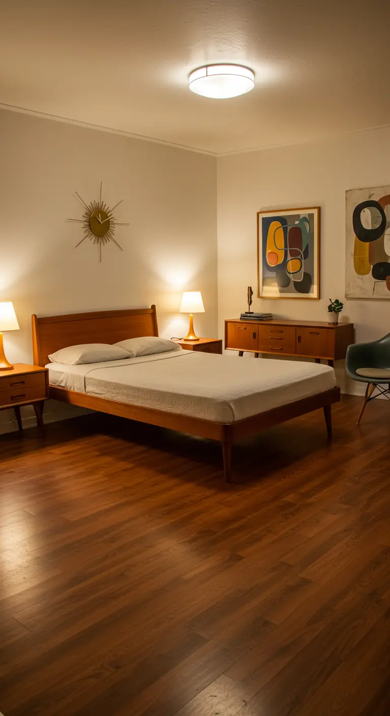 Camera da letto in stile Mid-Century Modern con una credenza in legno usata come scrivania.