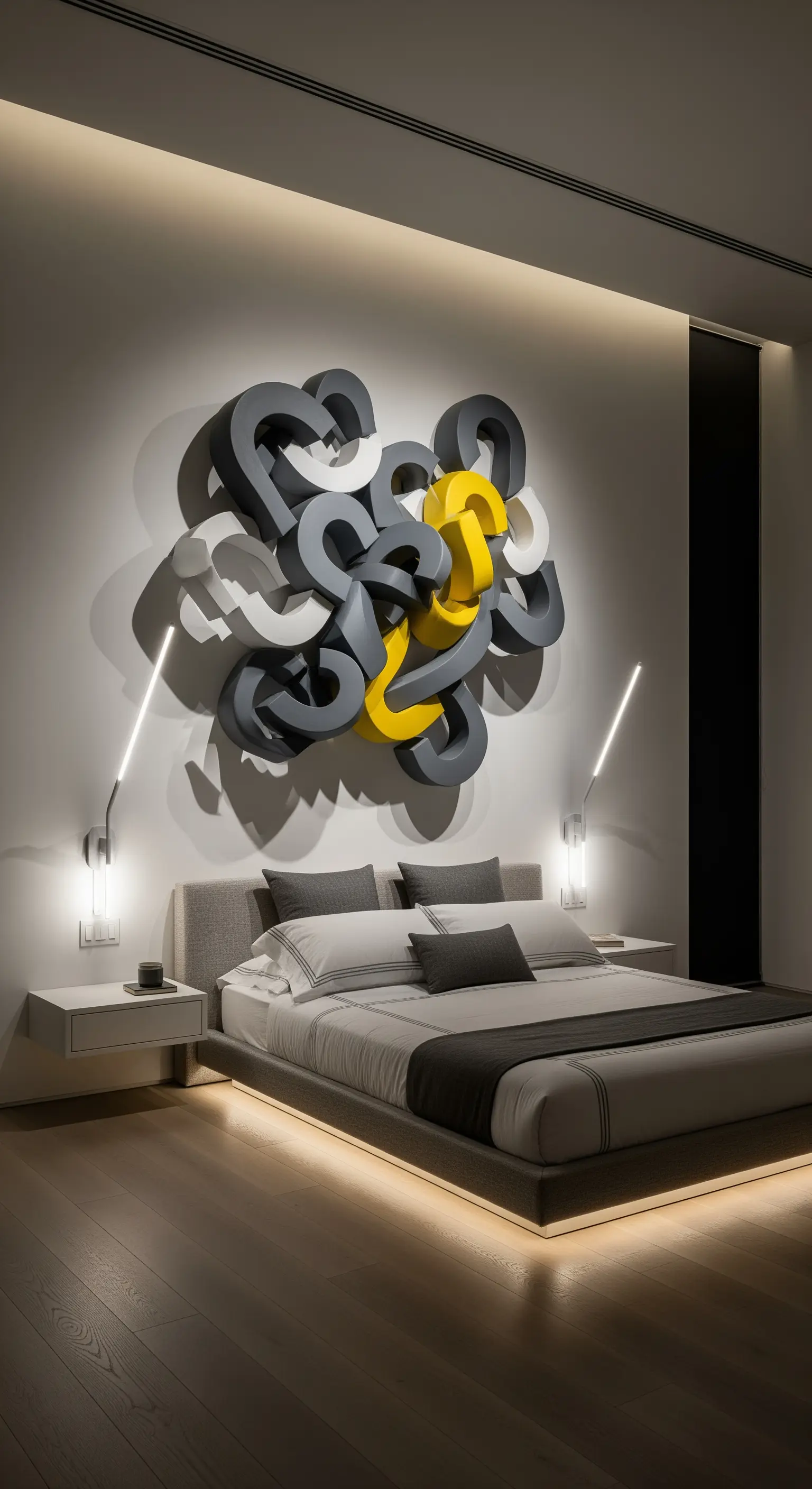 Grande scultura astratta tridimensionale grigia e gialla, installata sulla parete sopra un letto moderno.