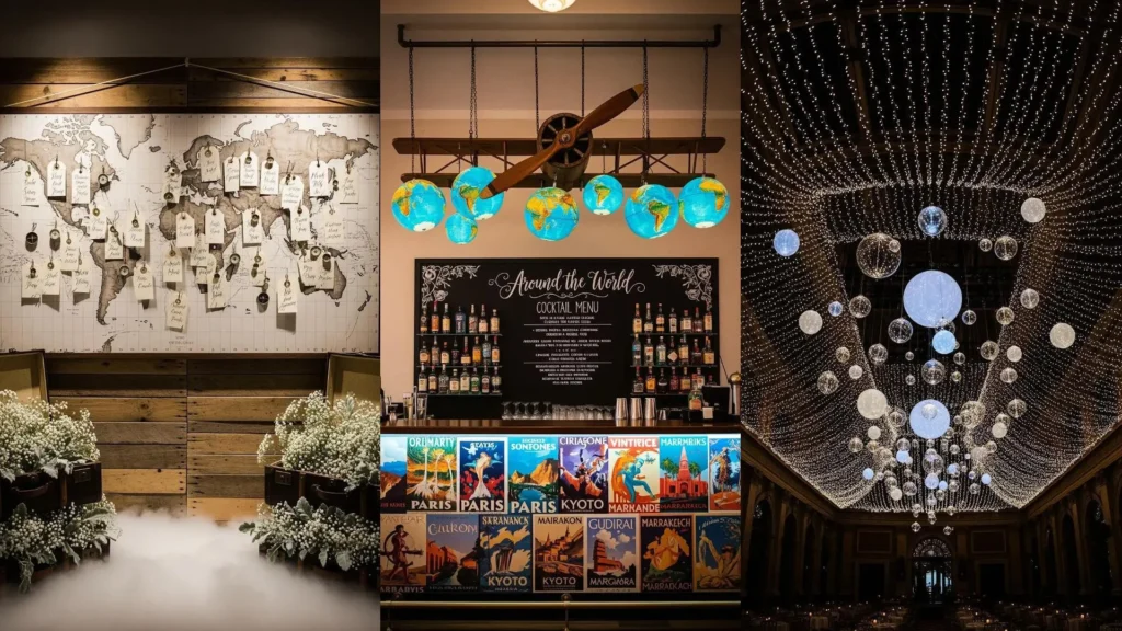 Matrimonio a tema viaggio con mappa dei posti a sedere, valigie retrò con fiori e bar decorato con mappamondi luminosi.