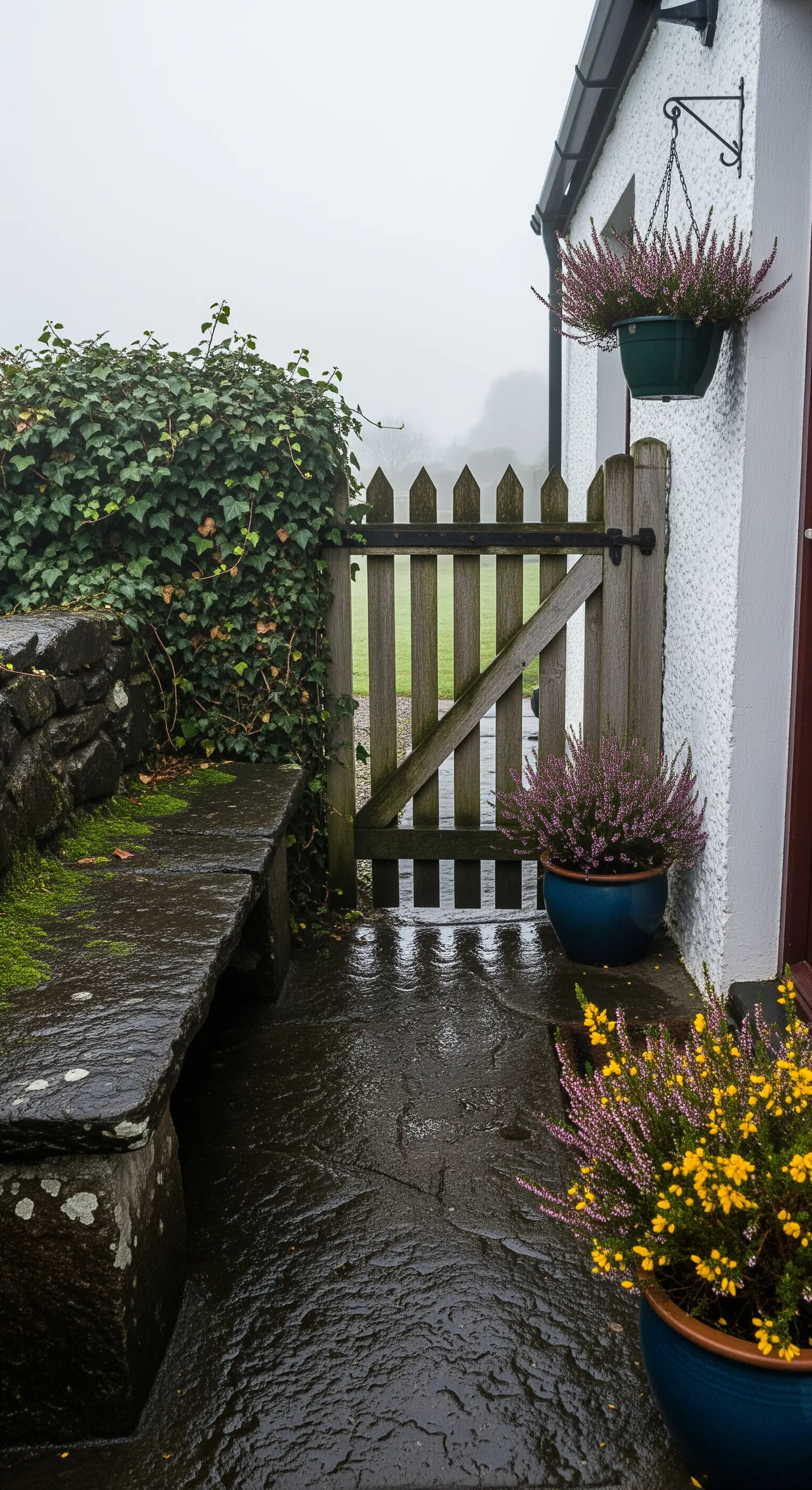 Portico con pavimento in pietra bagnata, panca con muschio e vasi di erica in un giorno di nebbia.