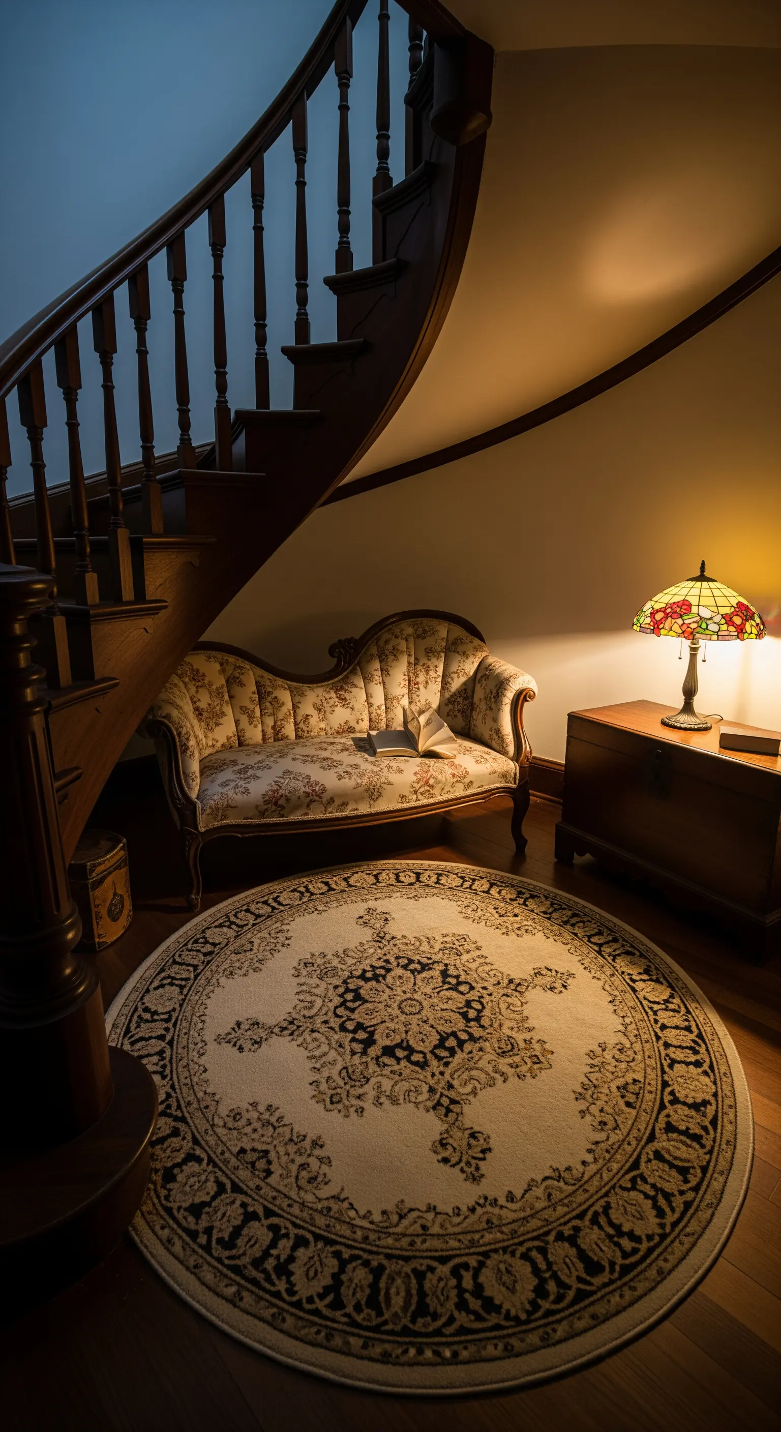 Dormeuse antica con motivo floreale posizionata sotto una scala a chiocciola, su un tappeto rotondo.