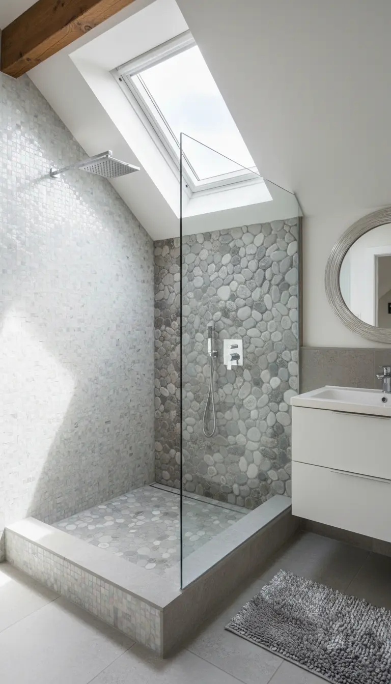 Doccia in una mansarda con lucernario, una parete in ciottoli e una in mosaico perlescente.