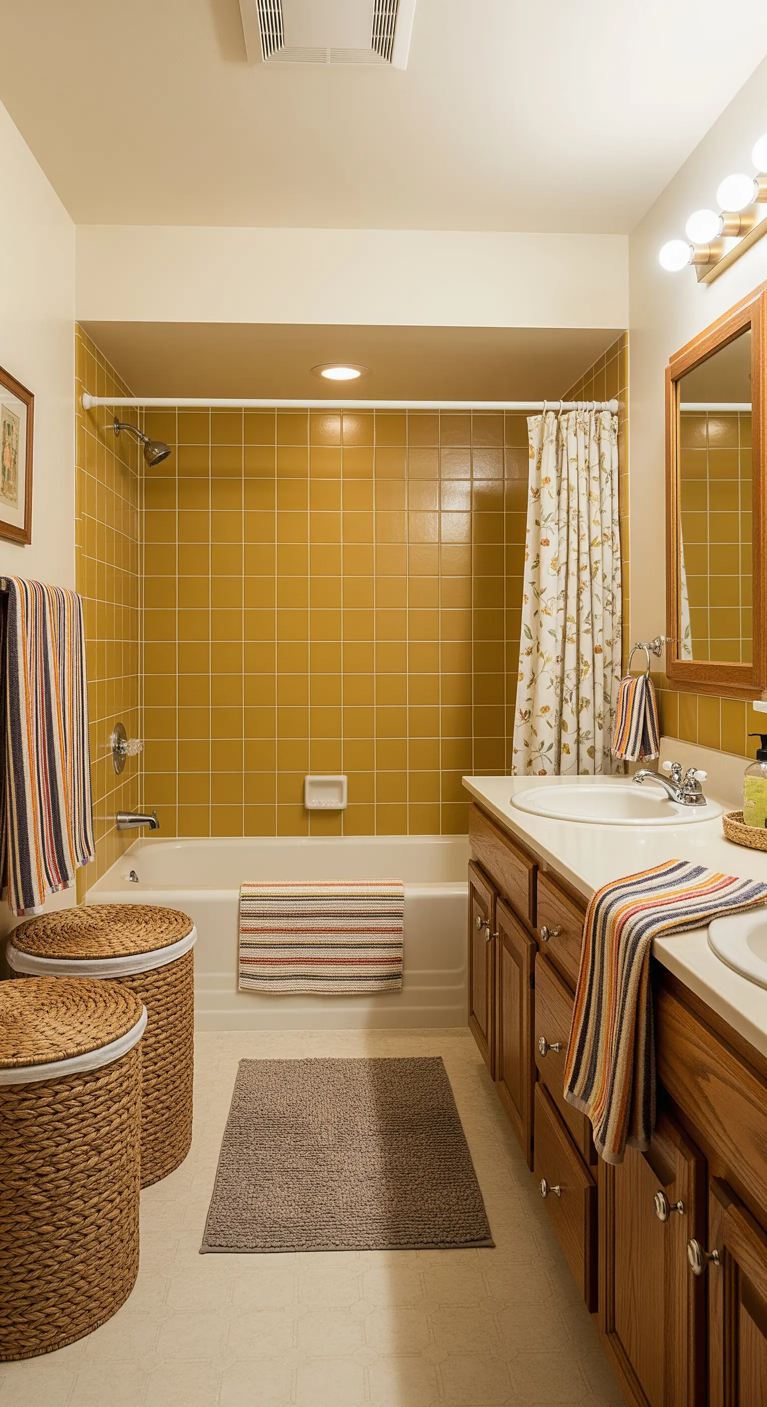 Bagno con mobili in legno e piastrelle color senape nella zona vasca.