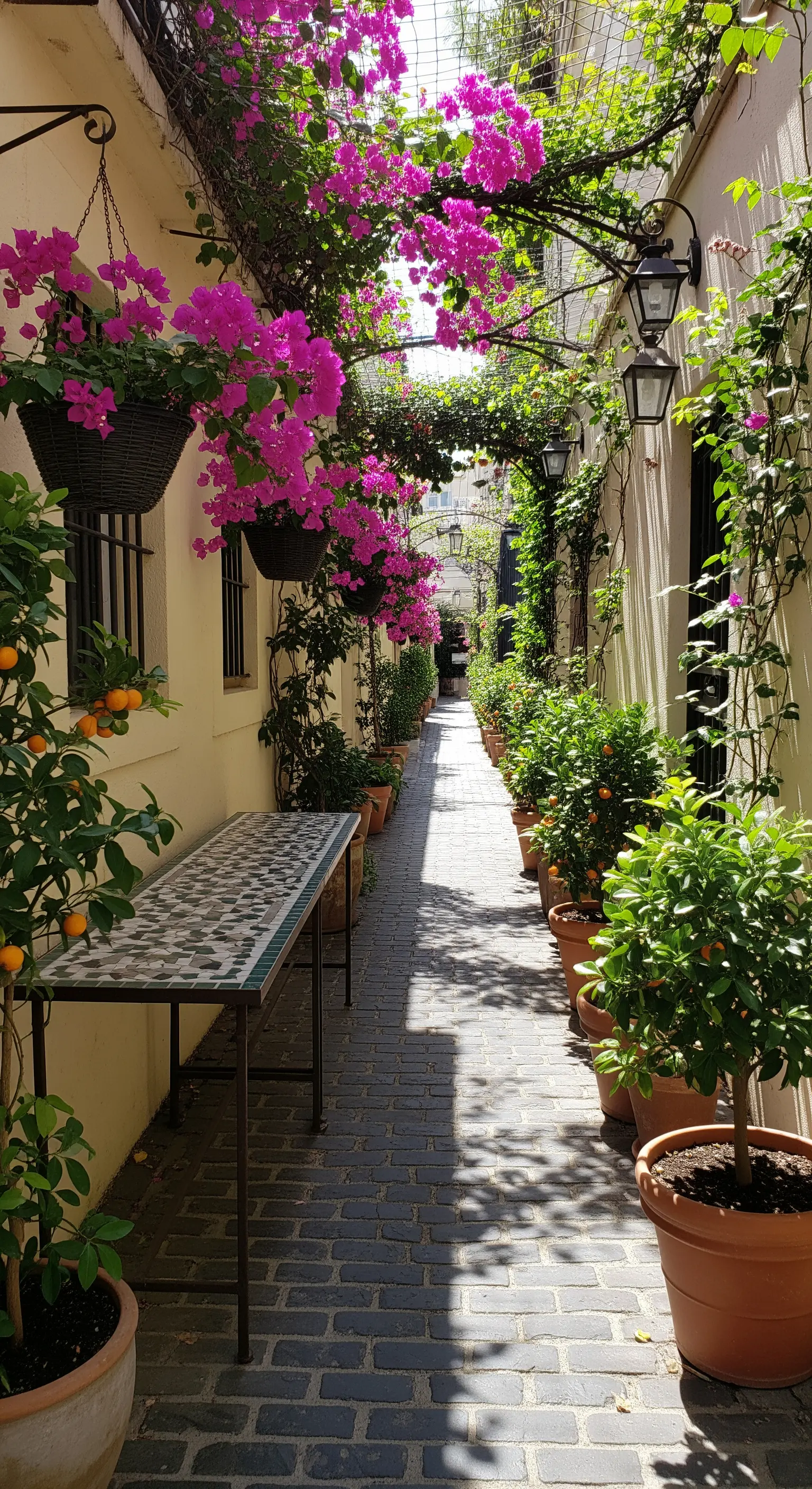 Vicolo stretto decorato con piante di agrumi in vaso, bouganville appese e un tavolo a mosaico.