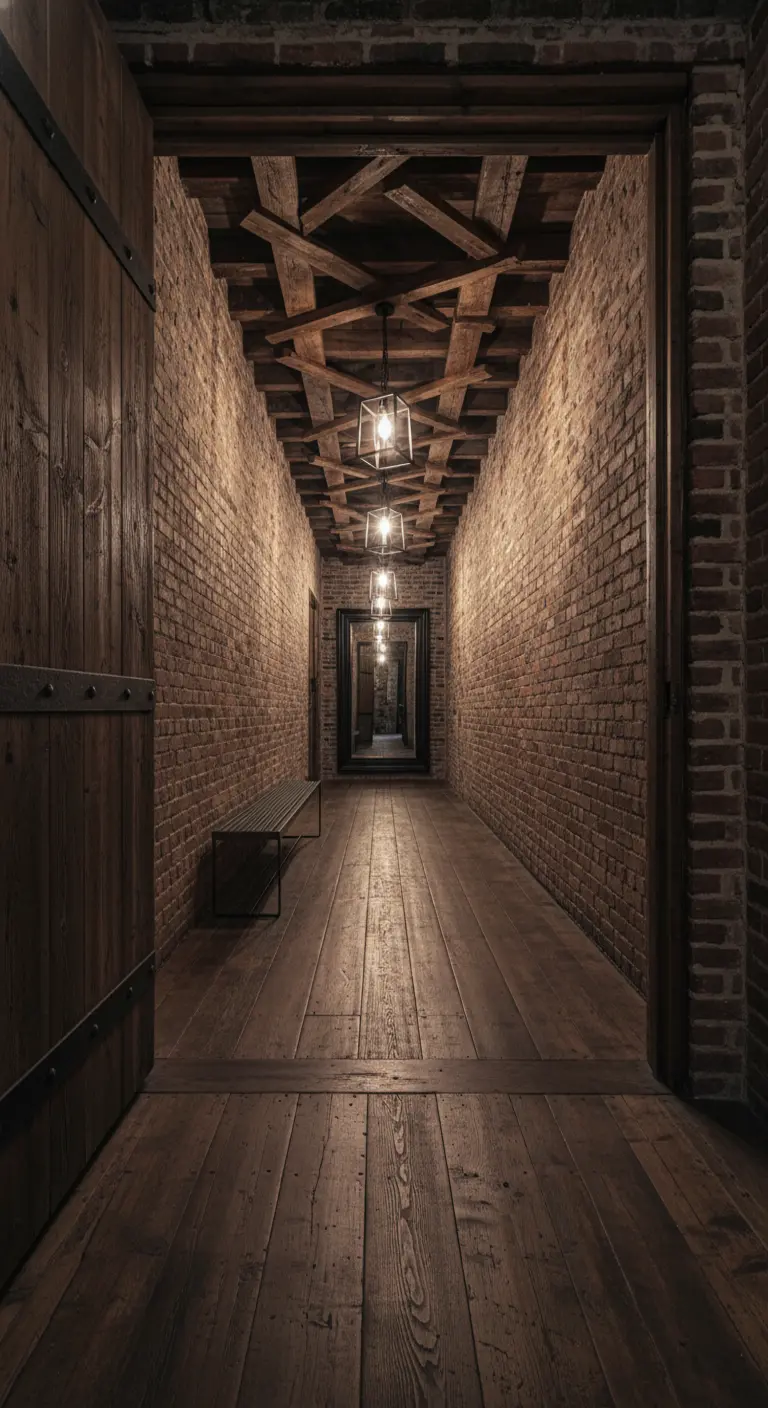 Corridoio con pareti in mattoni e soffitto con travi di legno a vista.