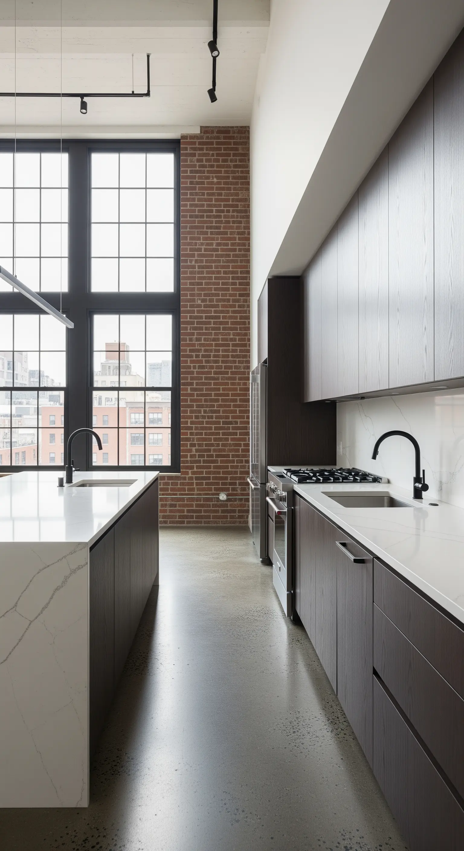 Cucina in stile loft con pareti in mattoni, mobili in legno scuro e pavimento in cemento.