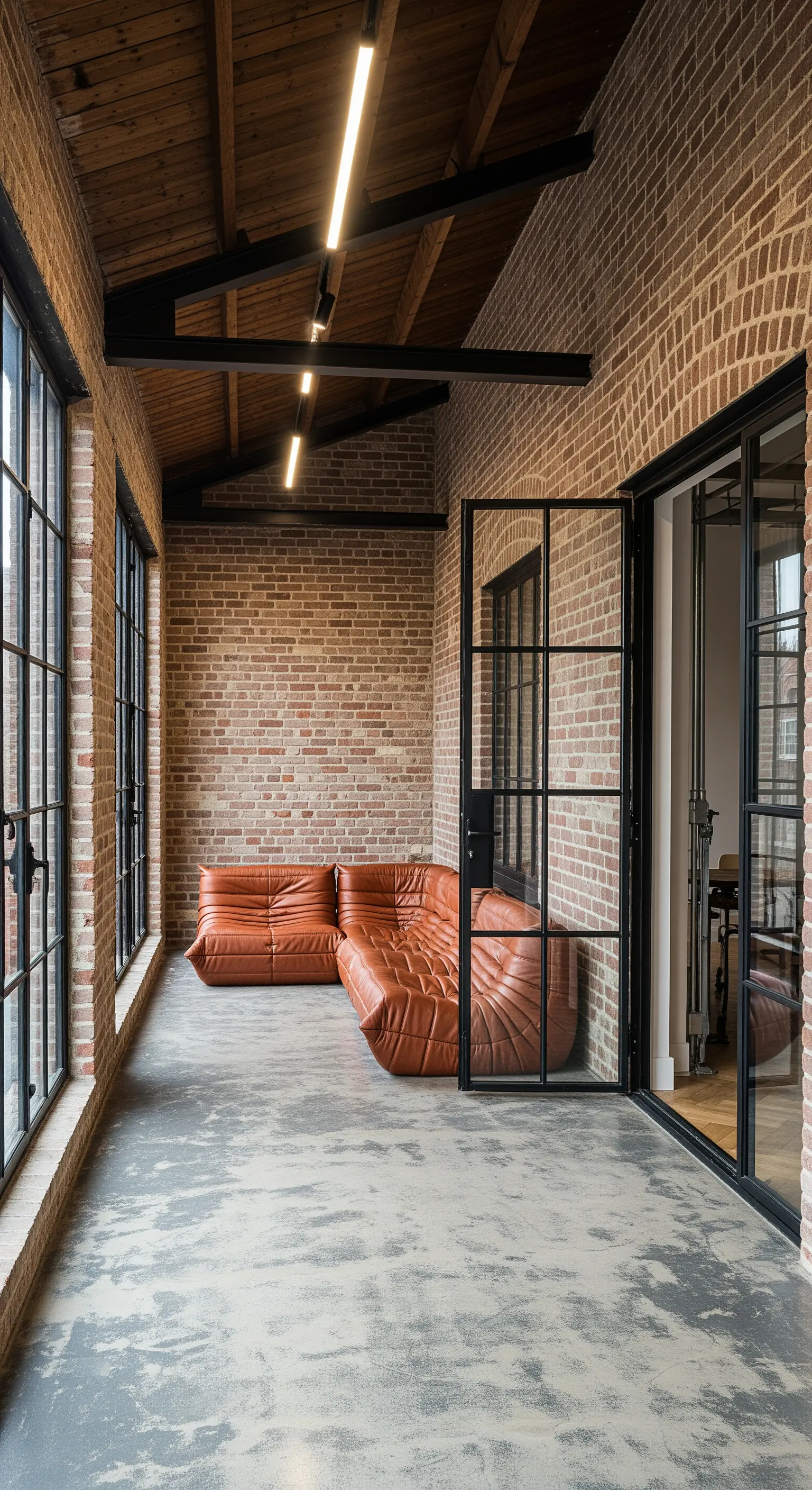 Portico industriale con pareti in mattoni, pavimento in cemento e divano in pelle color cuoio