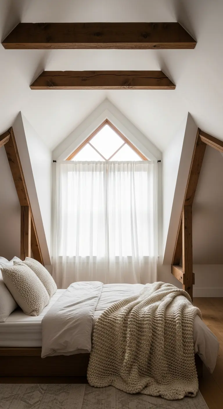 Letto in una mansarda con travi a vista e una tenda bianca che segue la forma della finestra a timpano.
