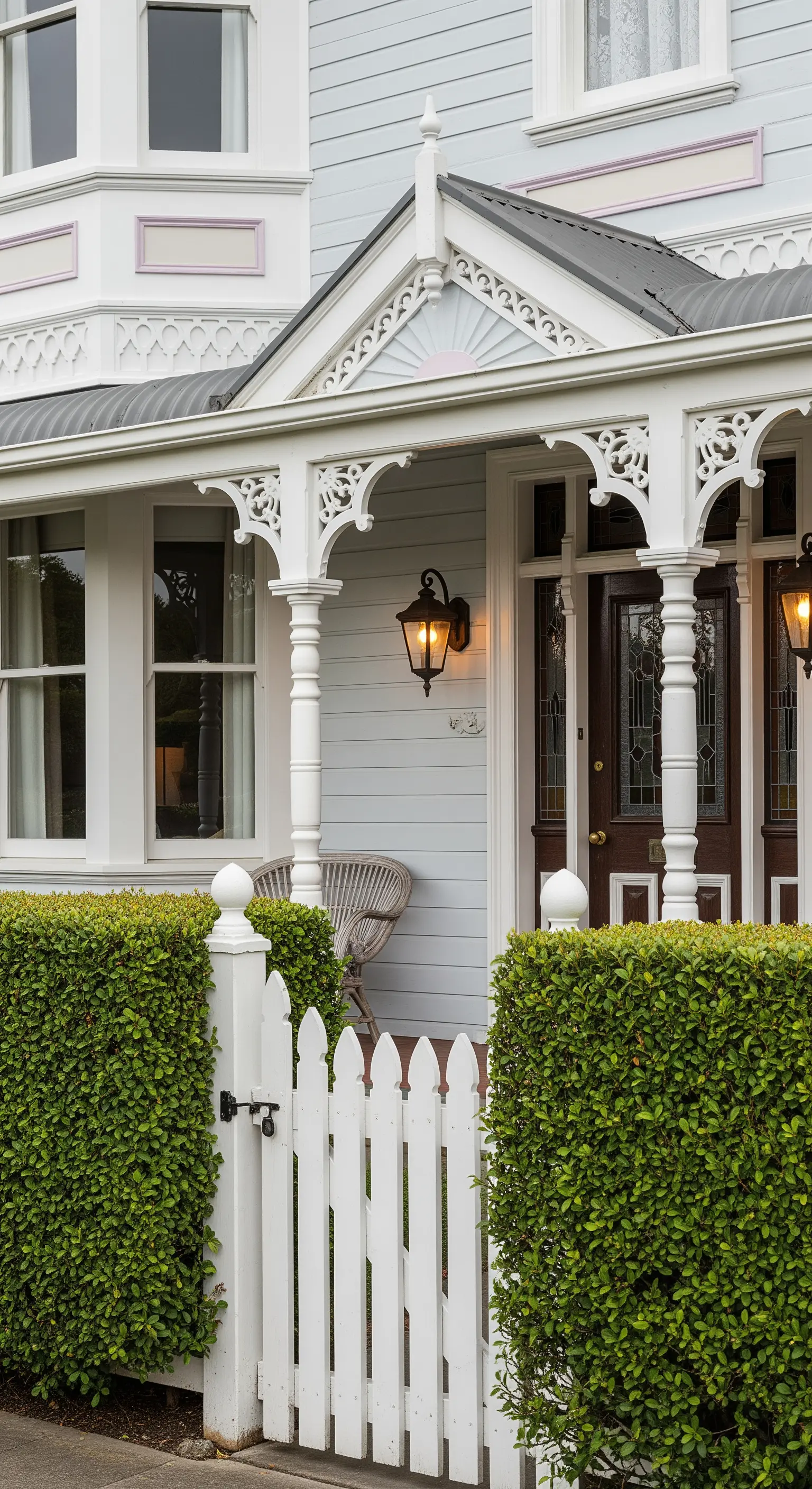 Dettaglio di un portico vittoriano bianco con intagli decorativi e una piccola staccionata.