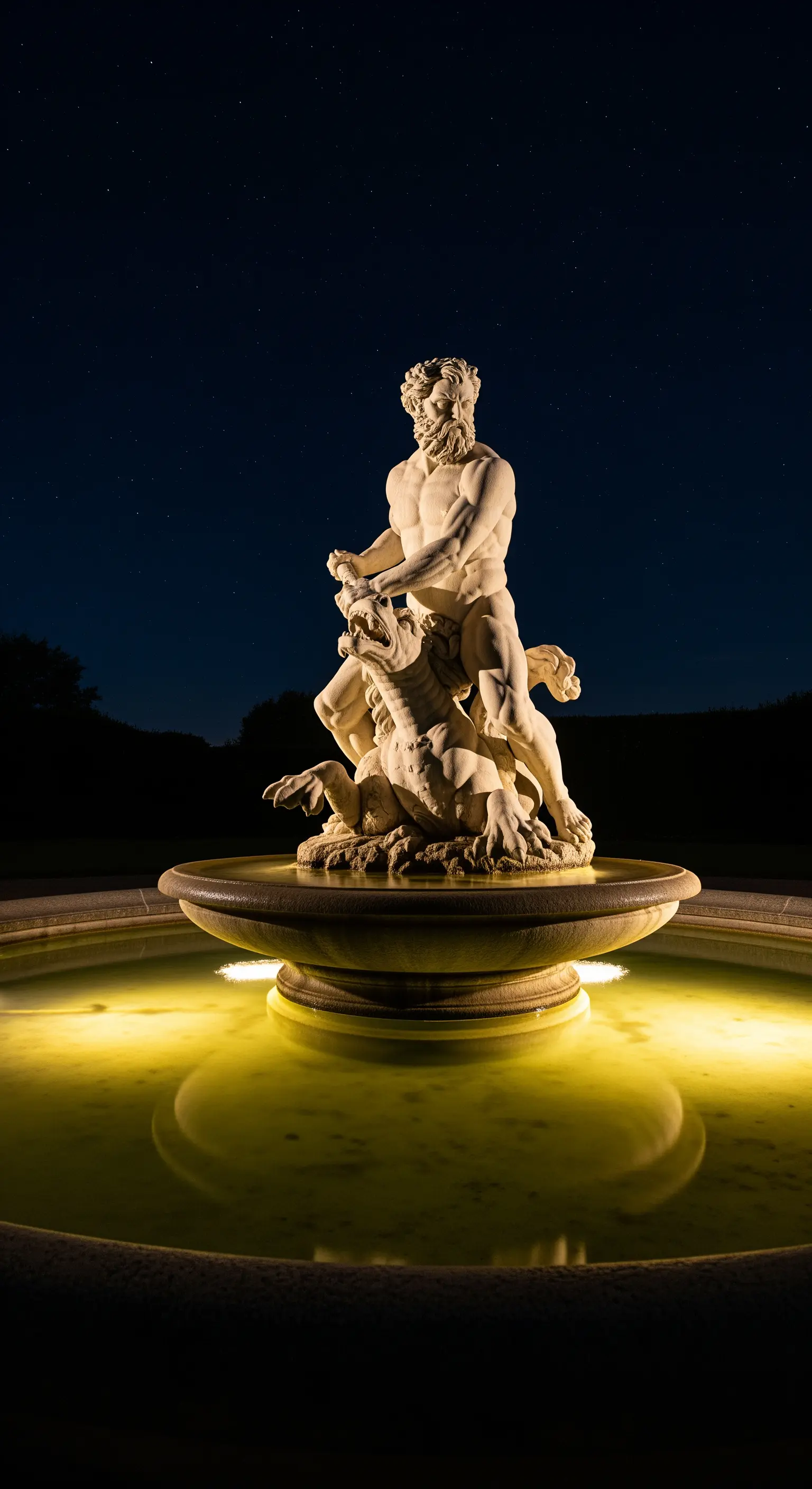 Statua classica di un uomo che lotta con una creatura marina, illuminata dal basso in una fontana.