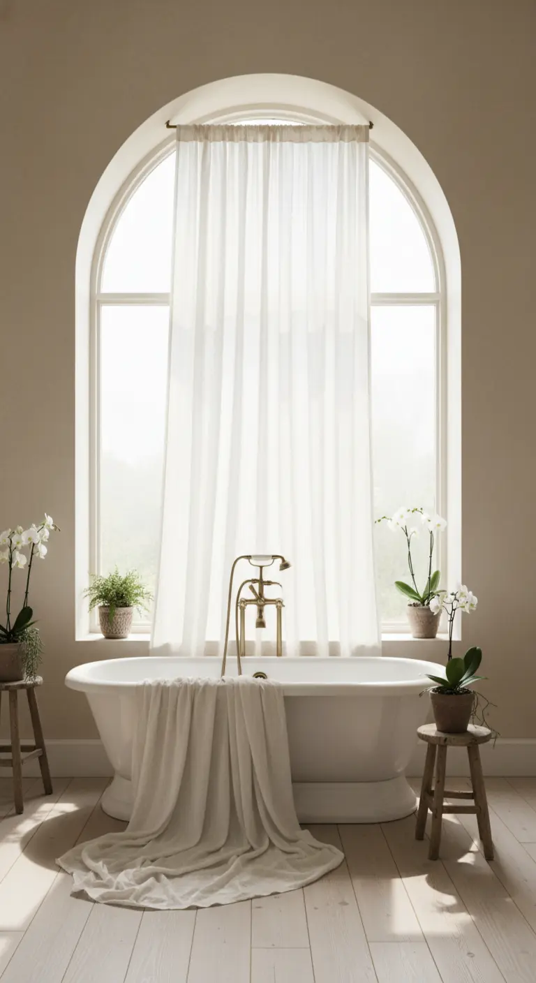 Vasca bianca posizionata sotto una grande finestra ad arco con una tenda bianca montata a metà altezza.