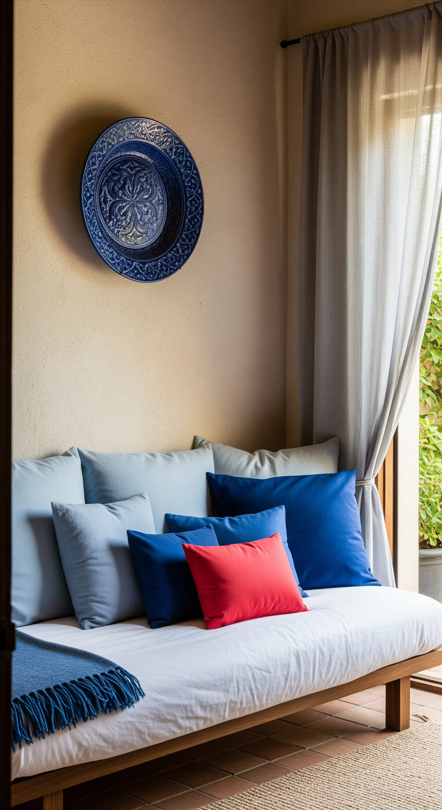 Divanetto bianco con cuscini in varie tonalità di blu e un unico cuscino rosso acceso.