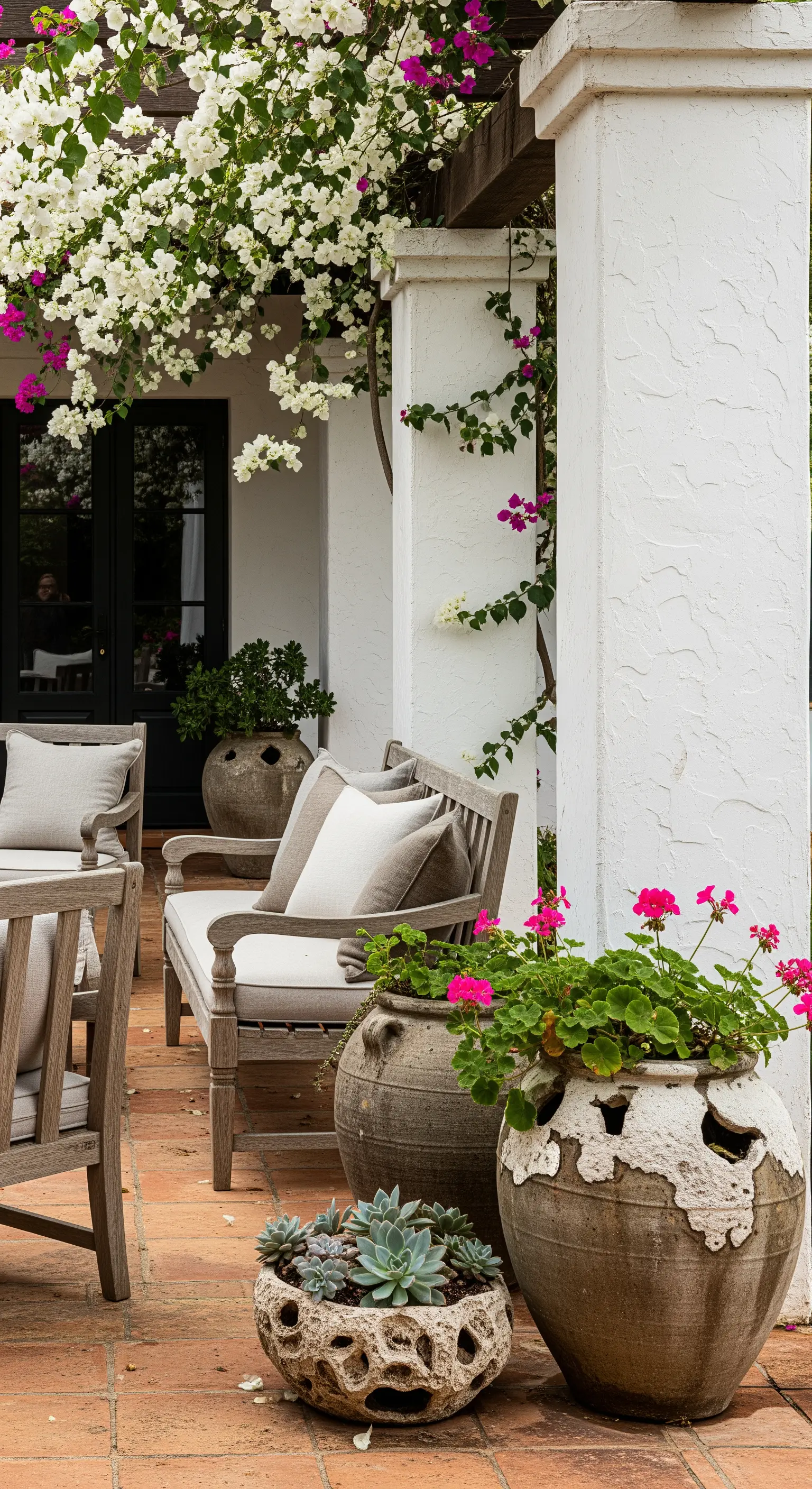 Composizione di vasi in terracotta invecchiata con gerani e piante grasse su un pavimento di cotto