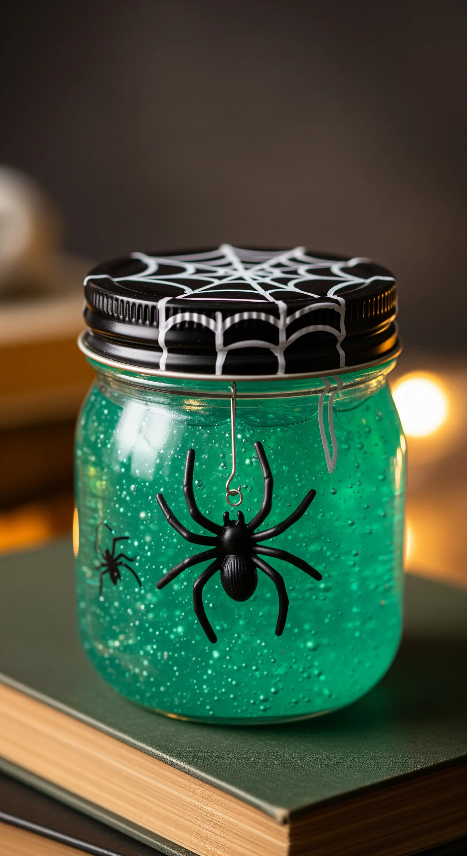 Barattolo di vetro con slime verde e un ragno di plastica sospeso all'interno.
