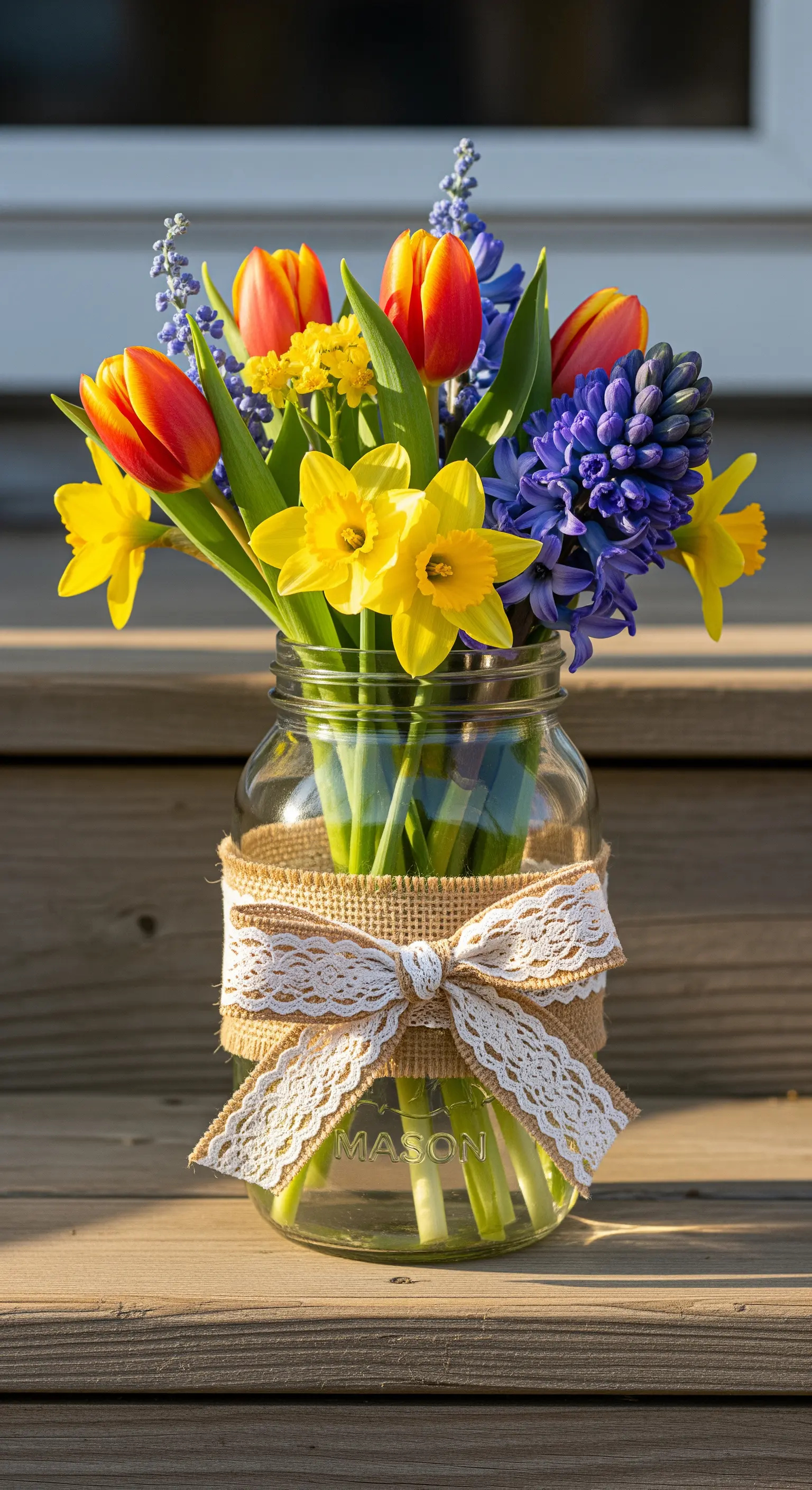 Vaso Mason decorato con juta e pizzo, contenente un bouquet di fiori primaverili colorati.